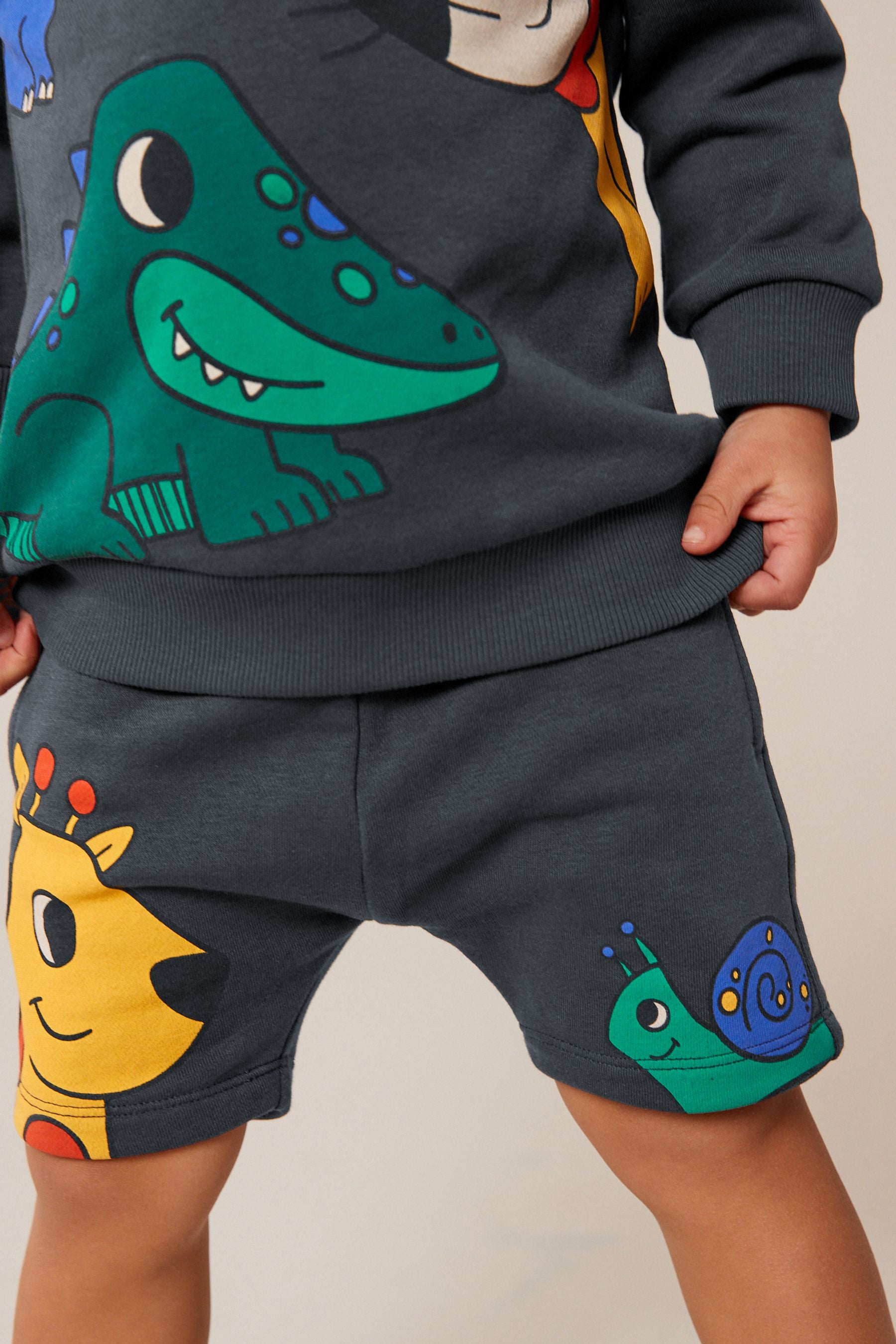 Charcoal Grey Animal Jersey Crew Neck Sweatshirt and Short Set (3mths-7yrs)