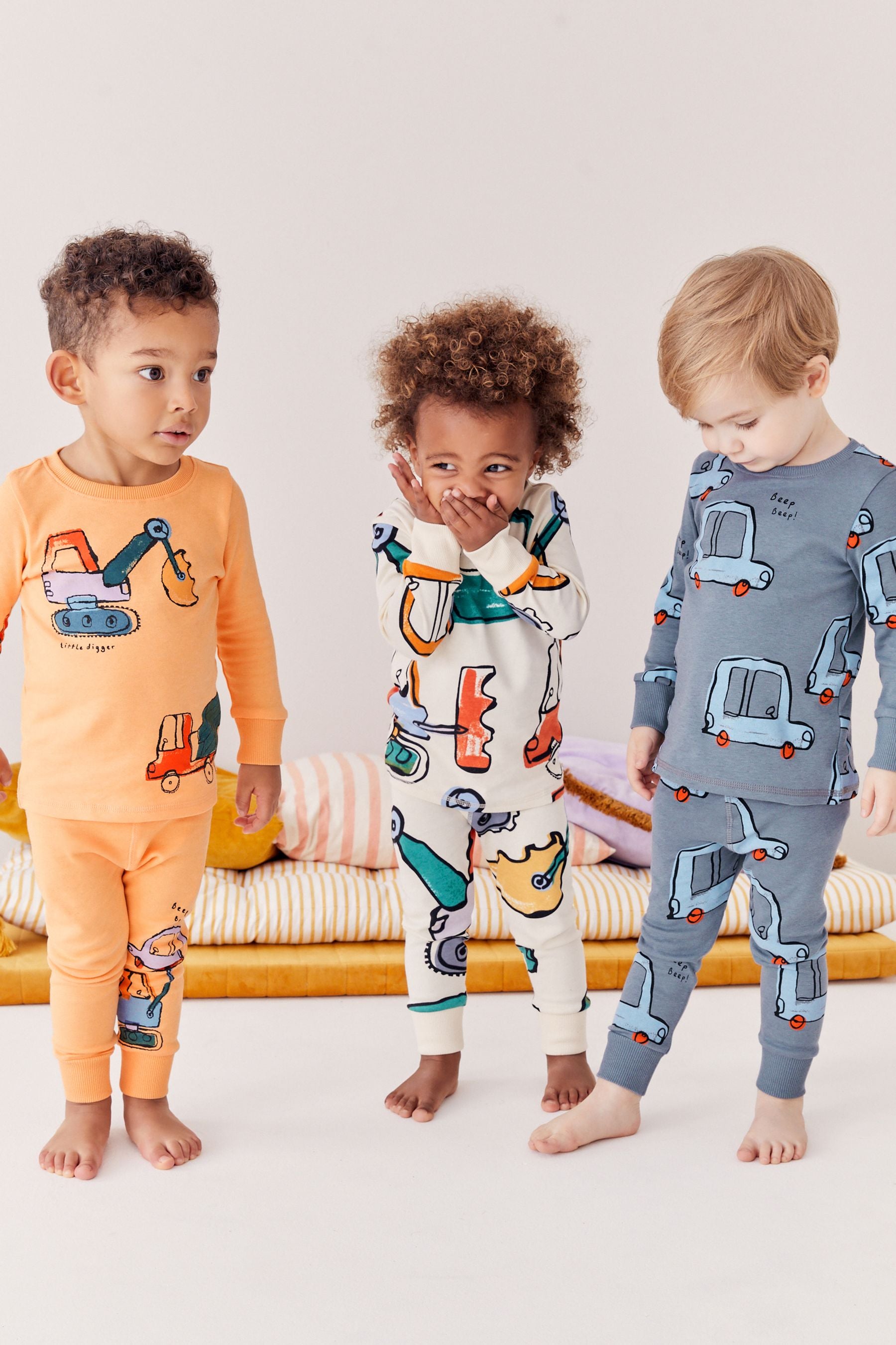 Blue/Orange Digger Long Sleeve 3 Pack Pyjamas Set (9mths-8yrs)