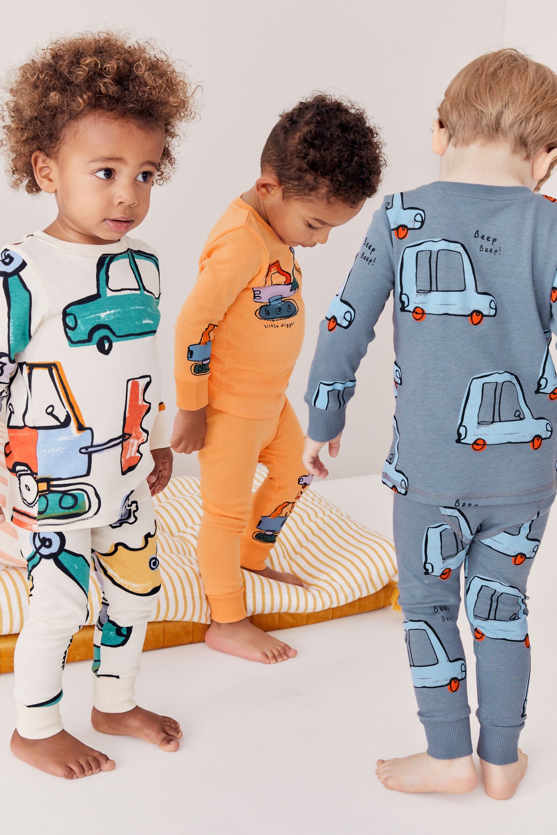 Blue/Orange Digger Long Sleeve 3 Pack Pyjamas Set (9mths-8yrs)