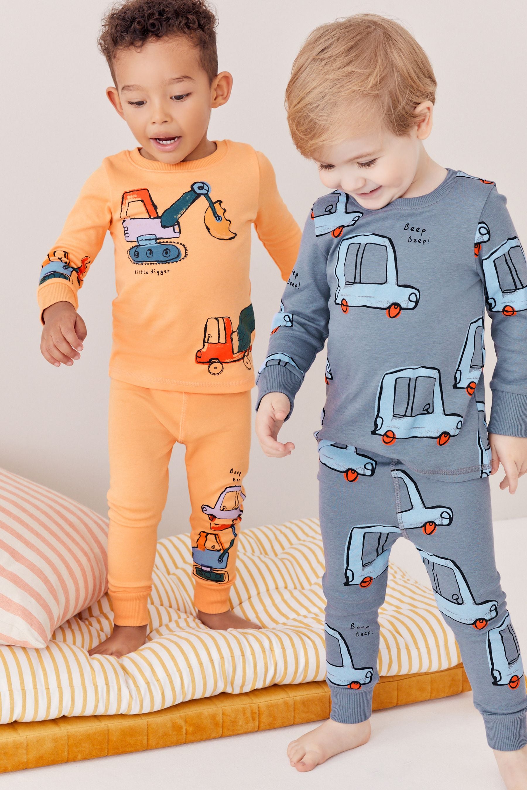 Blue/Orange Digger Long Sleeve 3 Pack Pyjamas Set (9mths-8yrs)