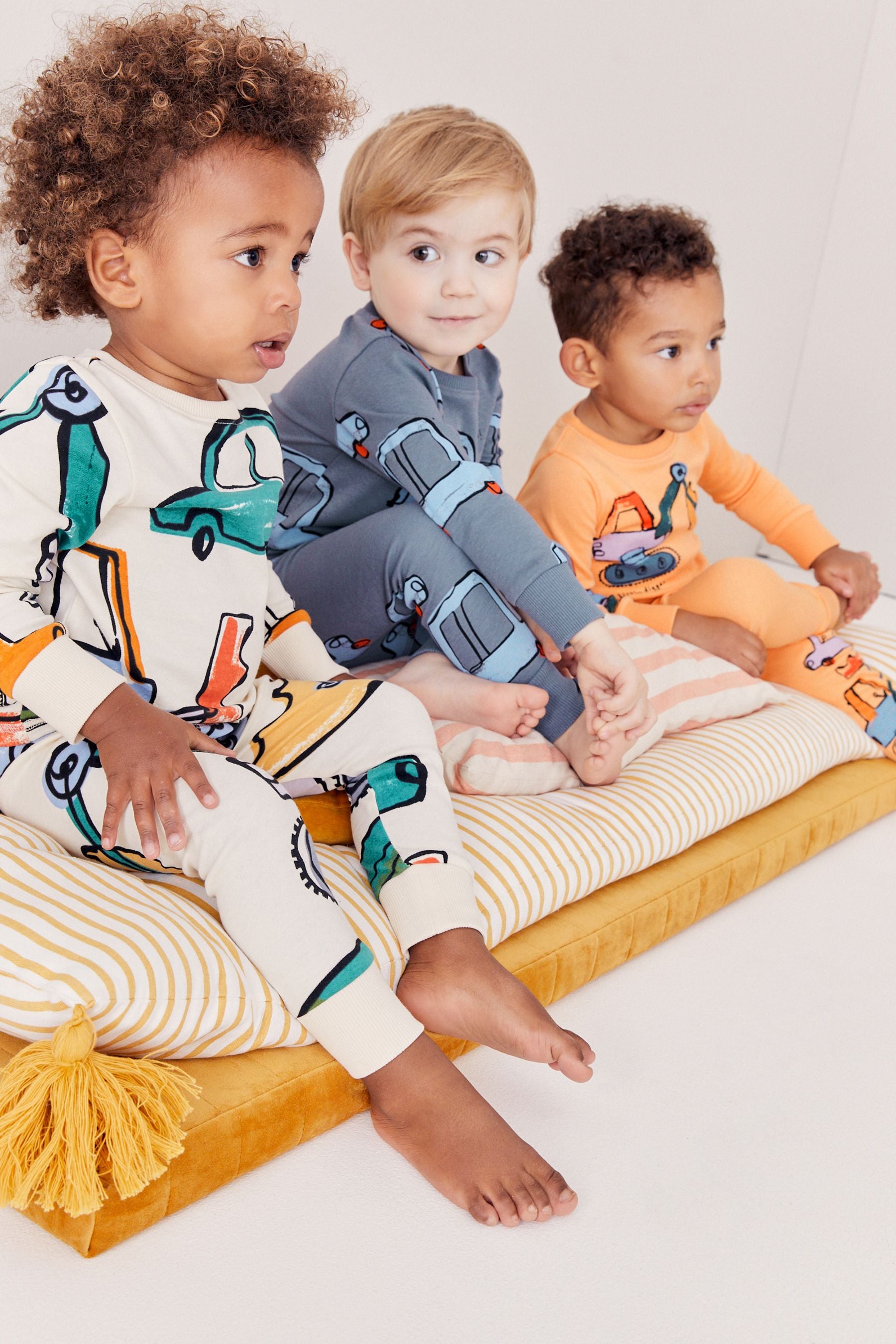 Blue/Orange Digger Long Sleeve 3 Pack Pyjamas Set (9mths-8yrs)