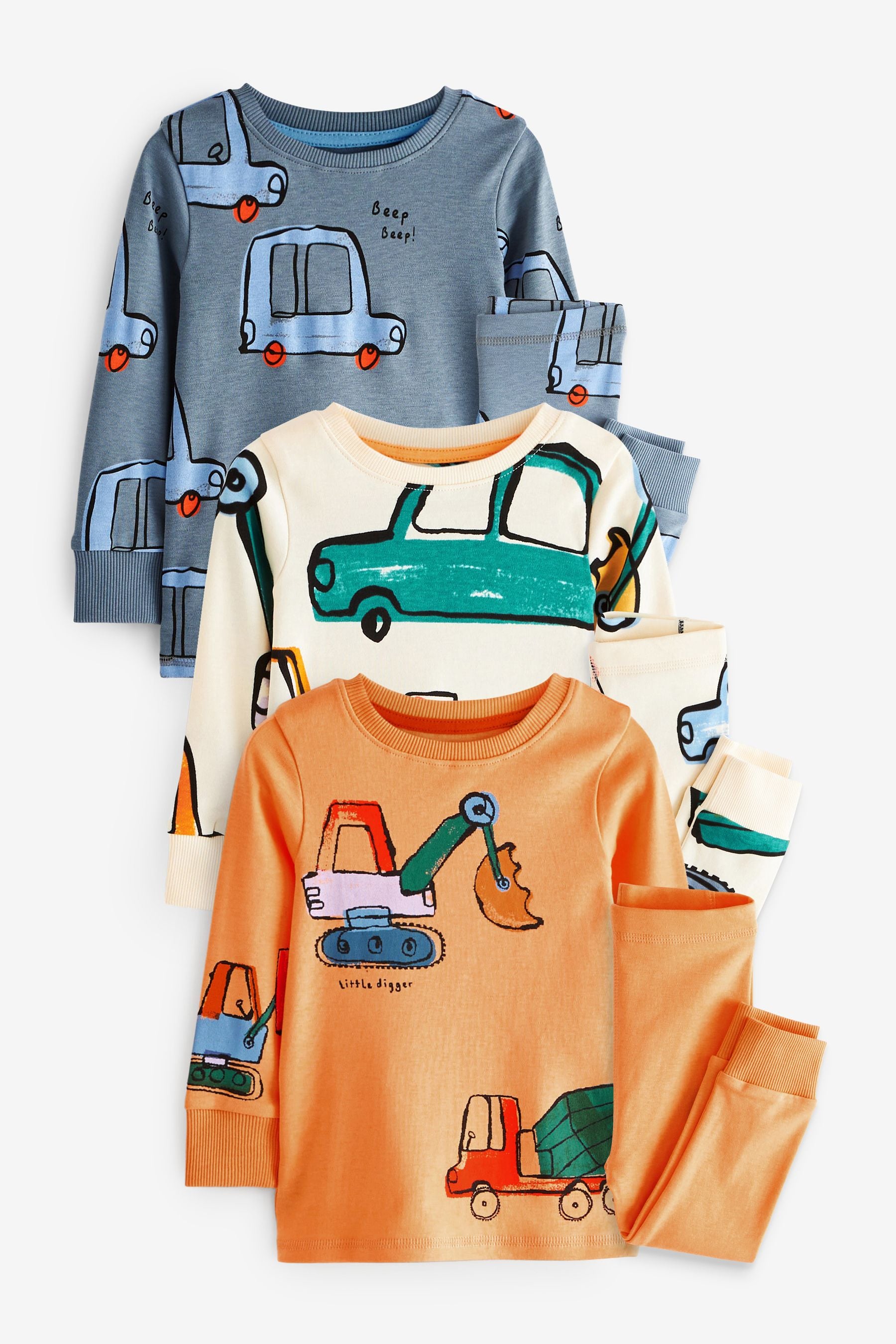 Blue/Orange Digger Long Sleeve 3 Pack Pyjamas Set (9mths-8yrs)