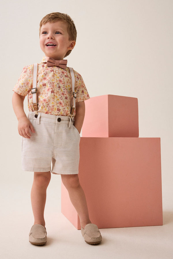 Pink/Cream Floral Shirt Shorts 100% Cotton Braces and Bow Tie Set (3mths-9yrs)