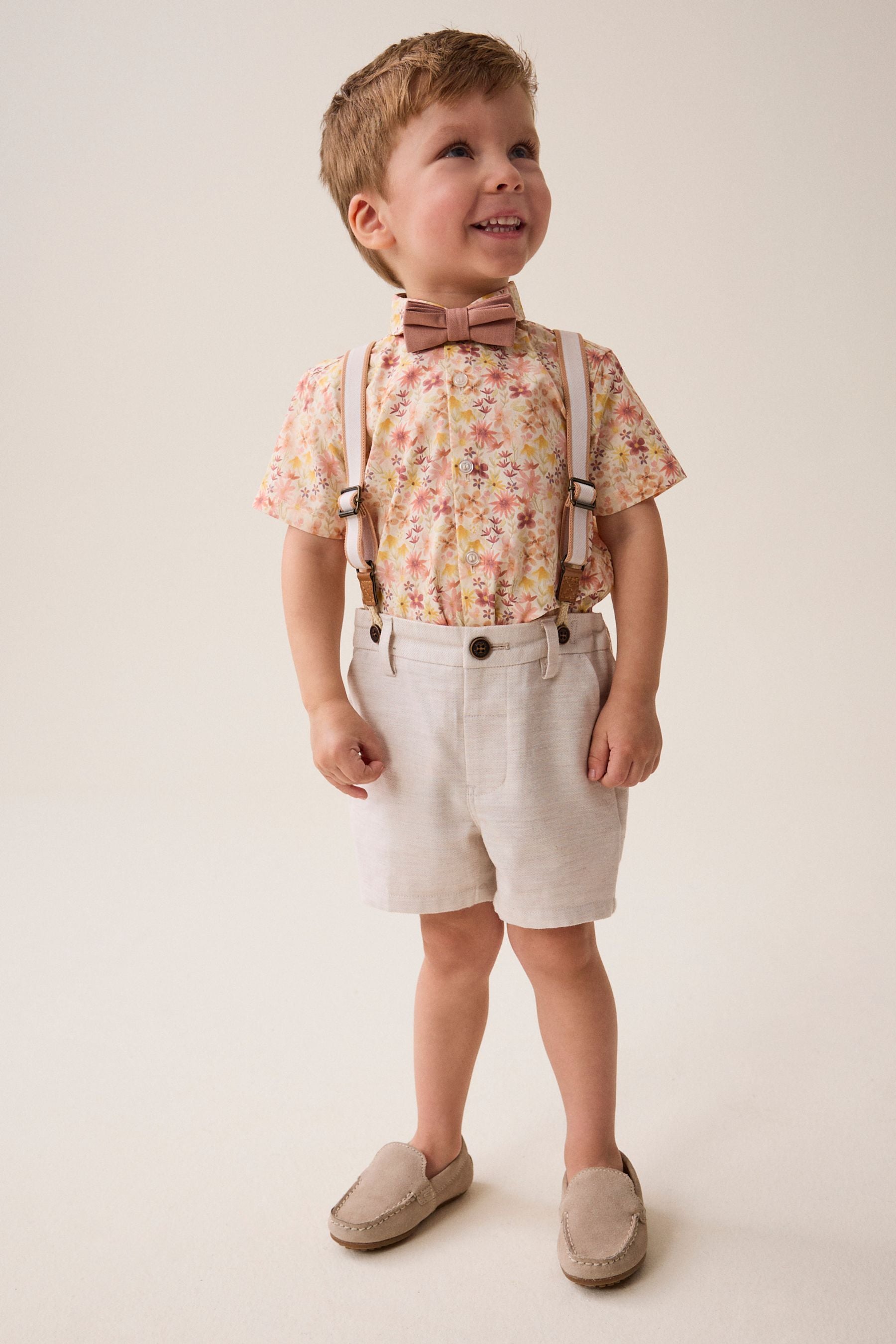 Pink/Cream Floral Shirt Shorts 100% Cotton Braces and Bow Tie Set (3mths-9yrs)