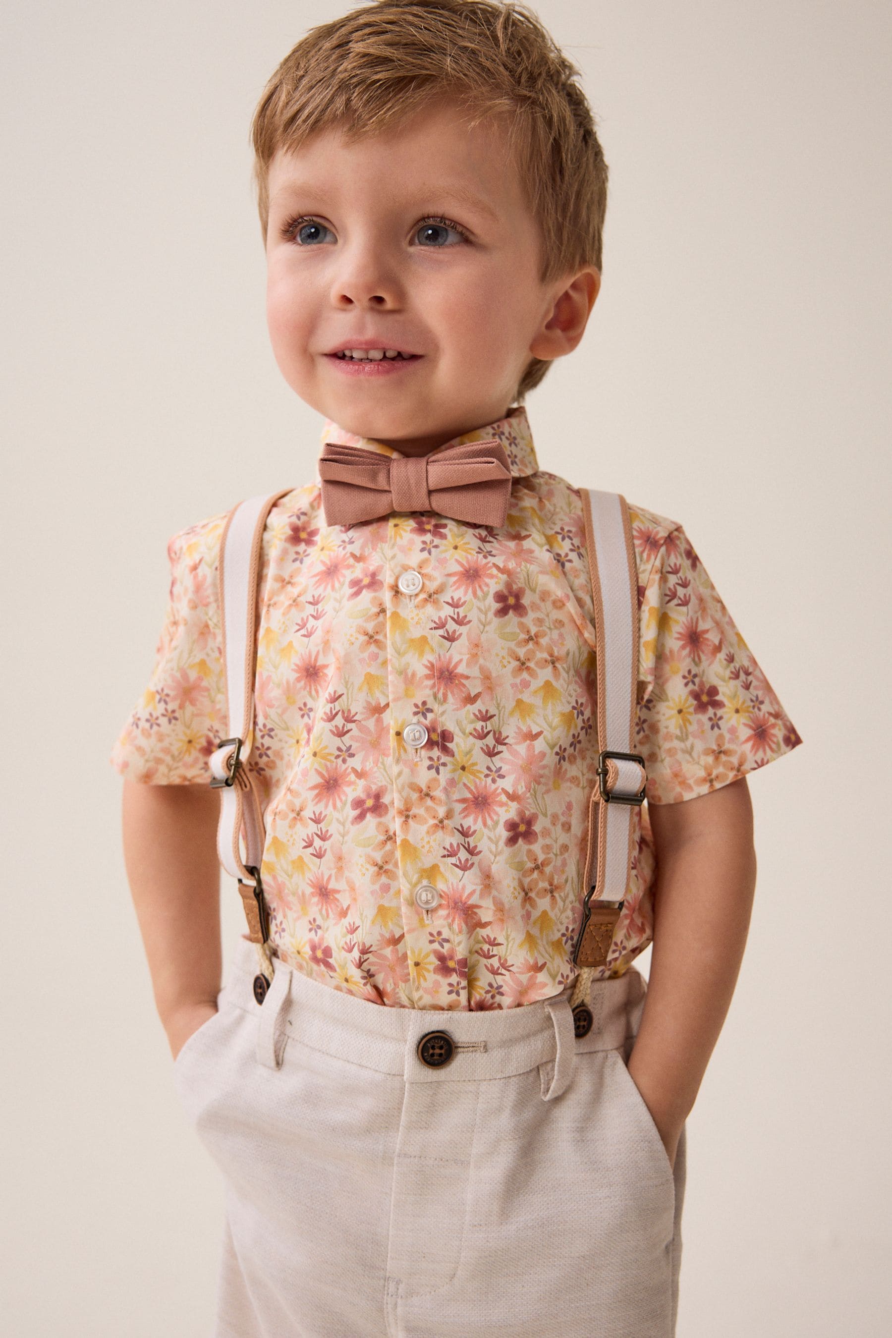 Pink/Cream Floral Shirt Shorts 100% Cotton Braces and Bow Tie Set (3mths-9yrs)