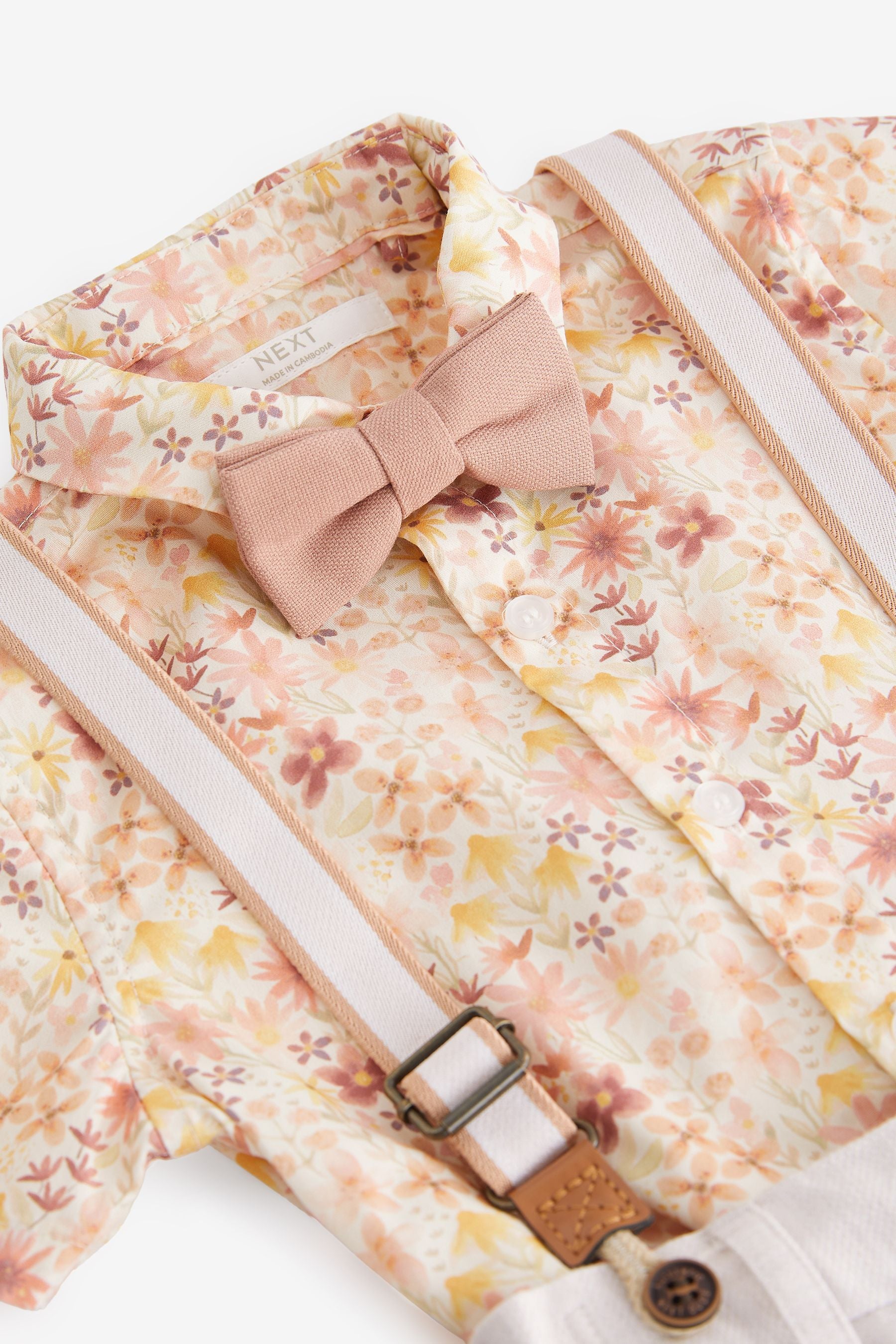 Pink/Cream Floral Shirt Shorts 100% Cotton Braces and Bow Tie Set (3mths-9yrs)