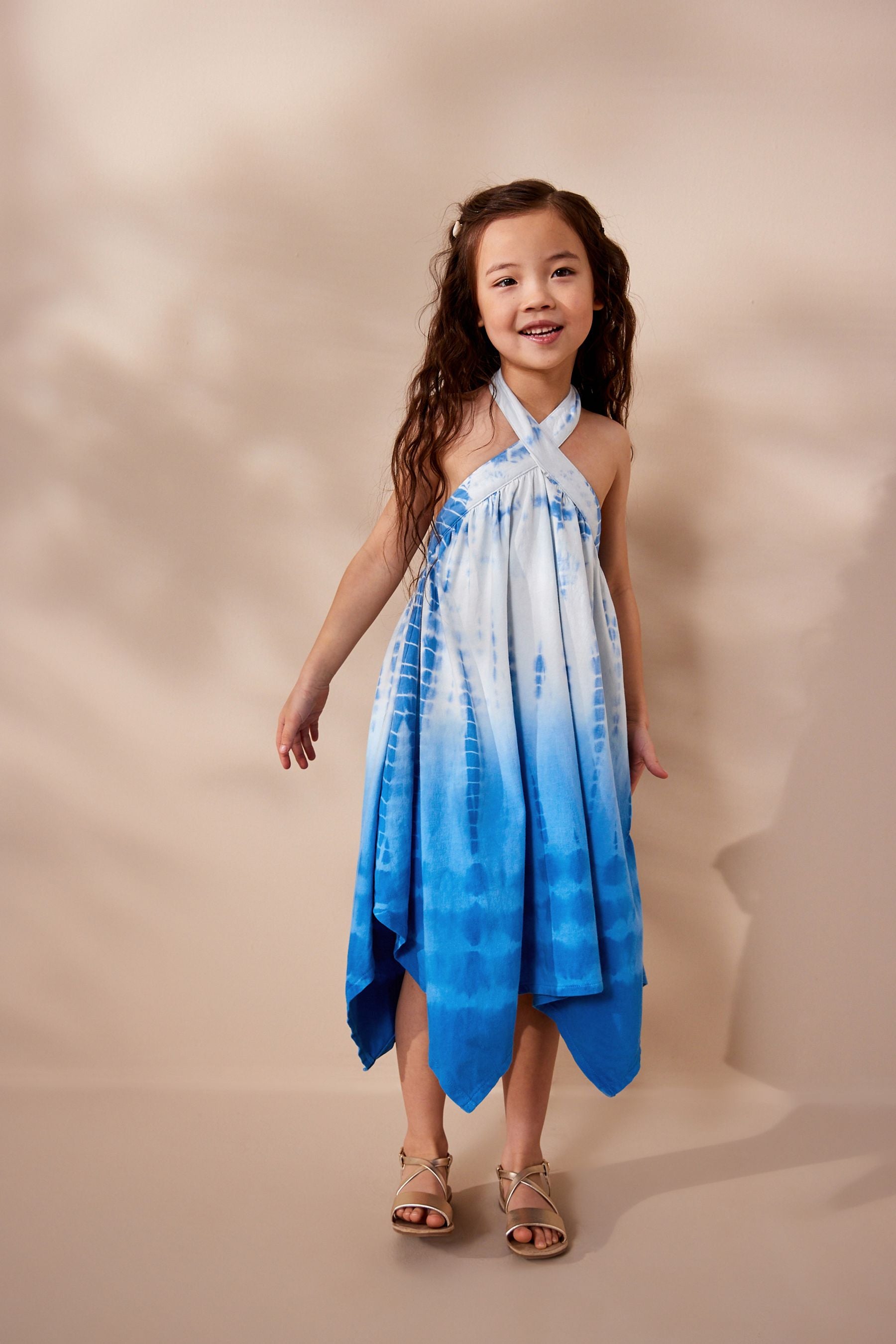 Blue/ White True Tie Dye Halterneck Jersey Dress (3-16yrs)