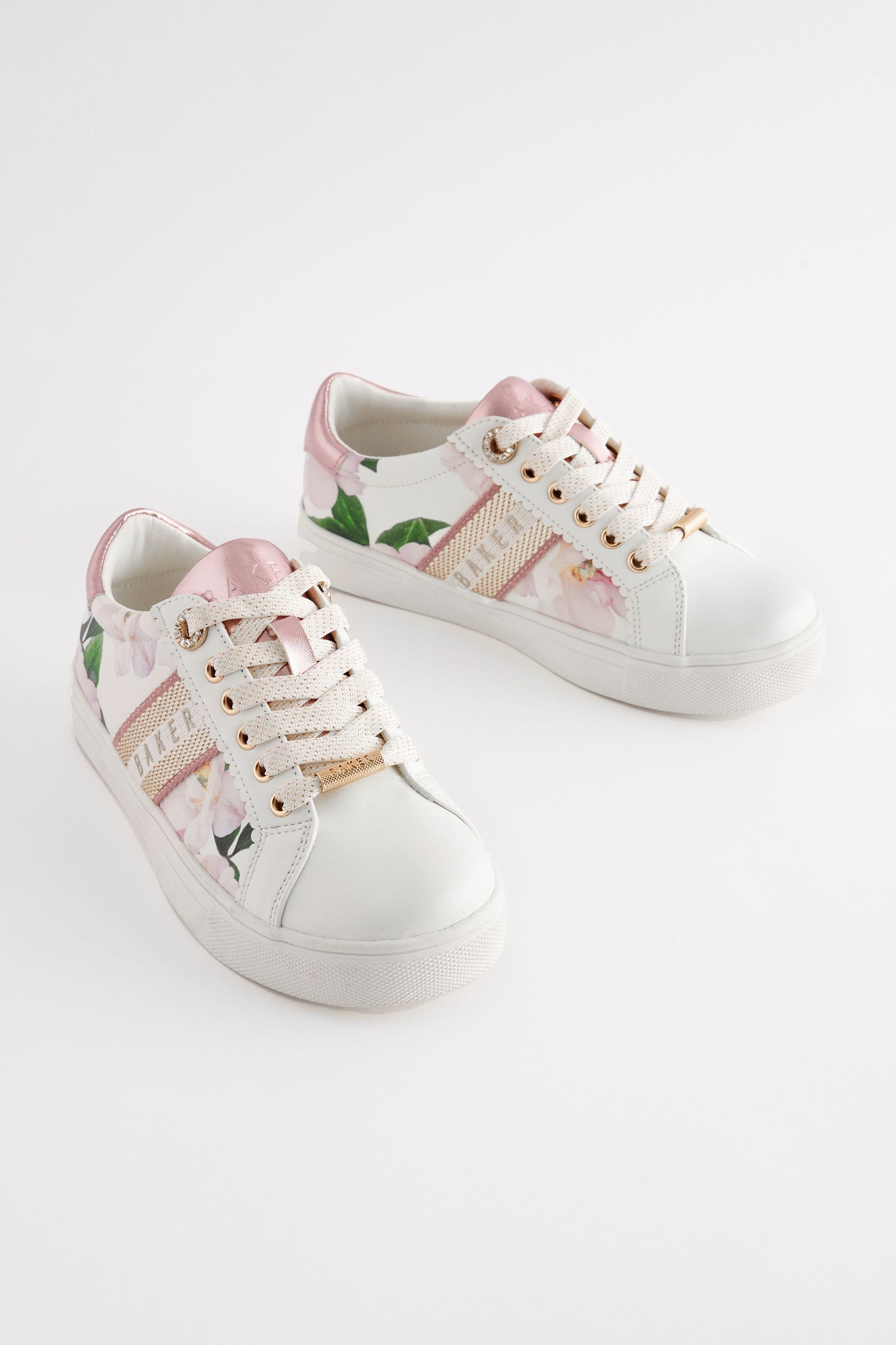 White Baker by Ted Baker Girls Floral Lace Up White Trainers