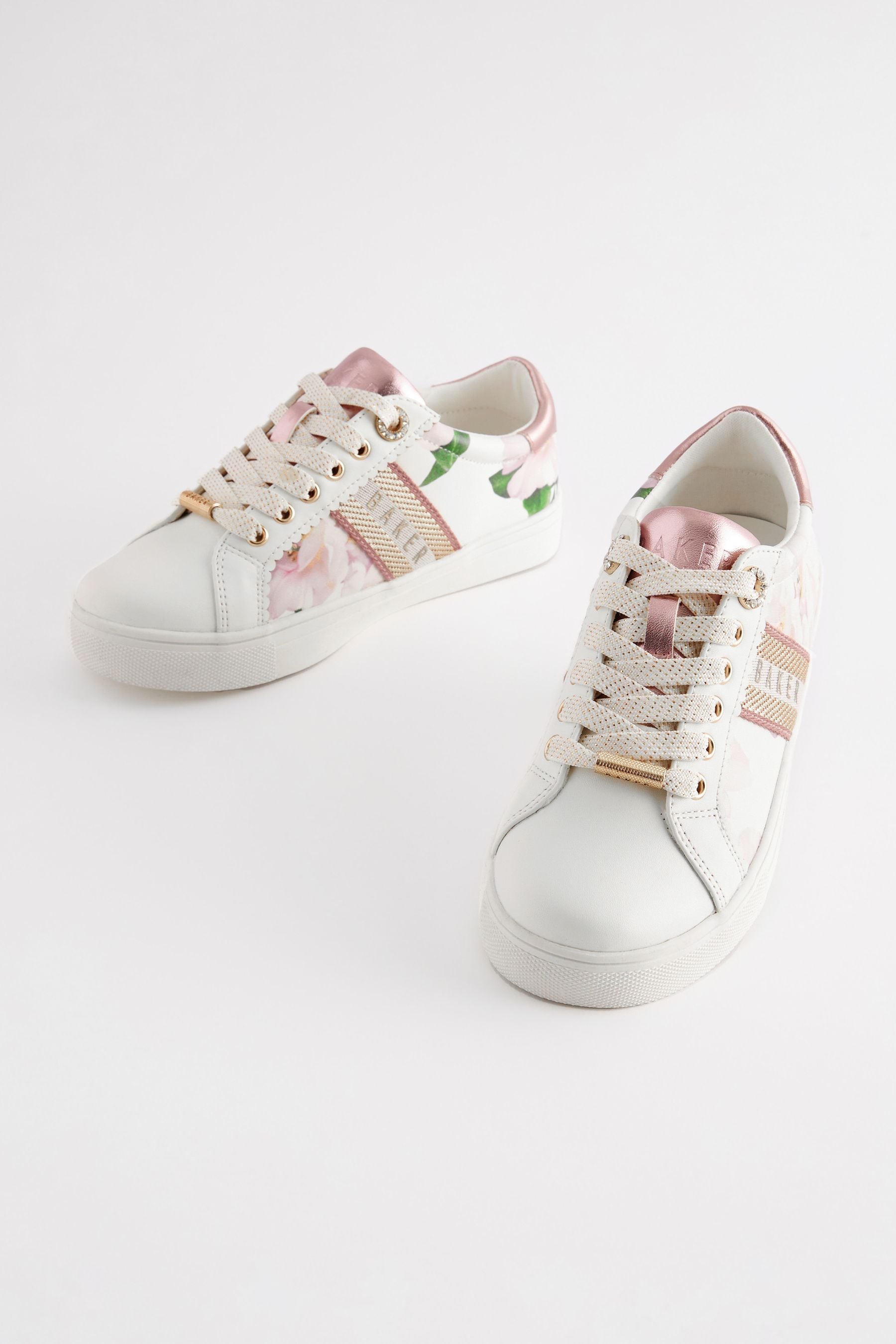 White Baker by Ted Baker Girls Floral Lace Up White Trainers