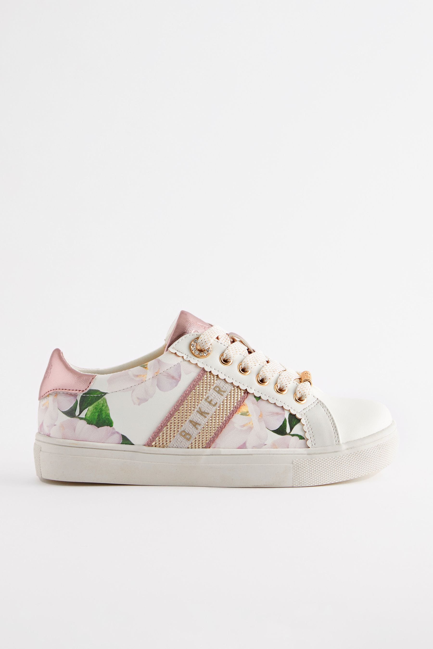 White Baker by Ted Baker Girls Floral Lace Up White Trainers