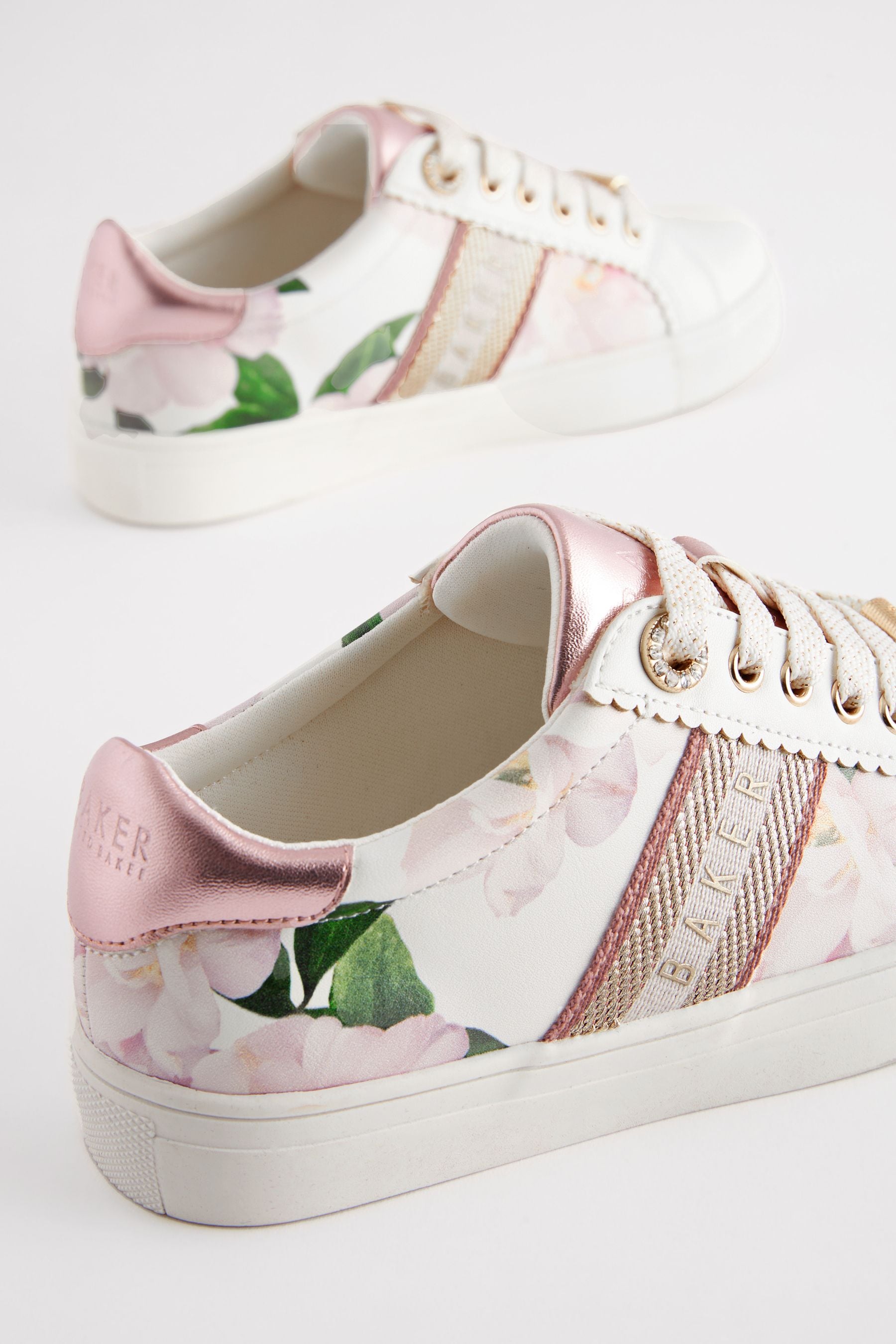 White Baker by Ted Baker Girls Floral Lace Up White Trainers