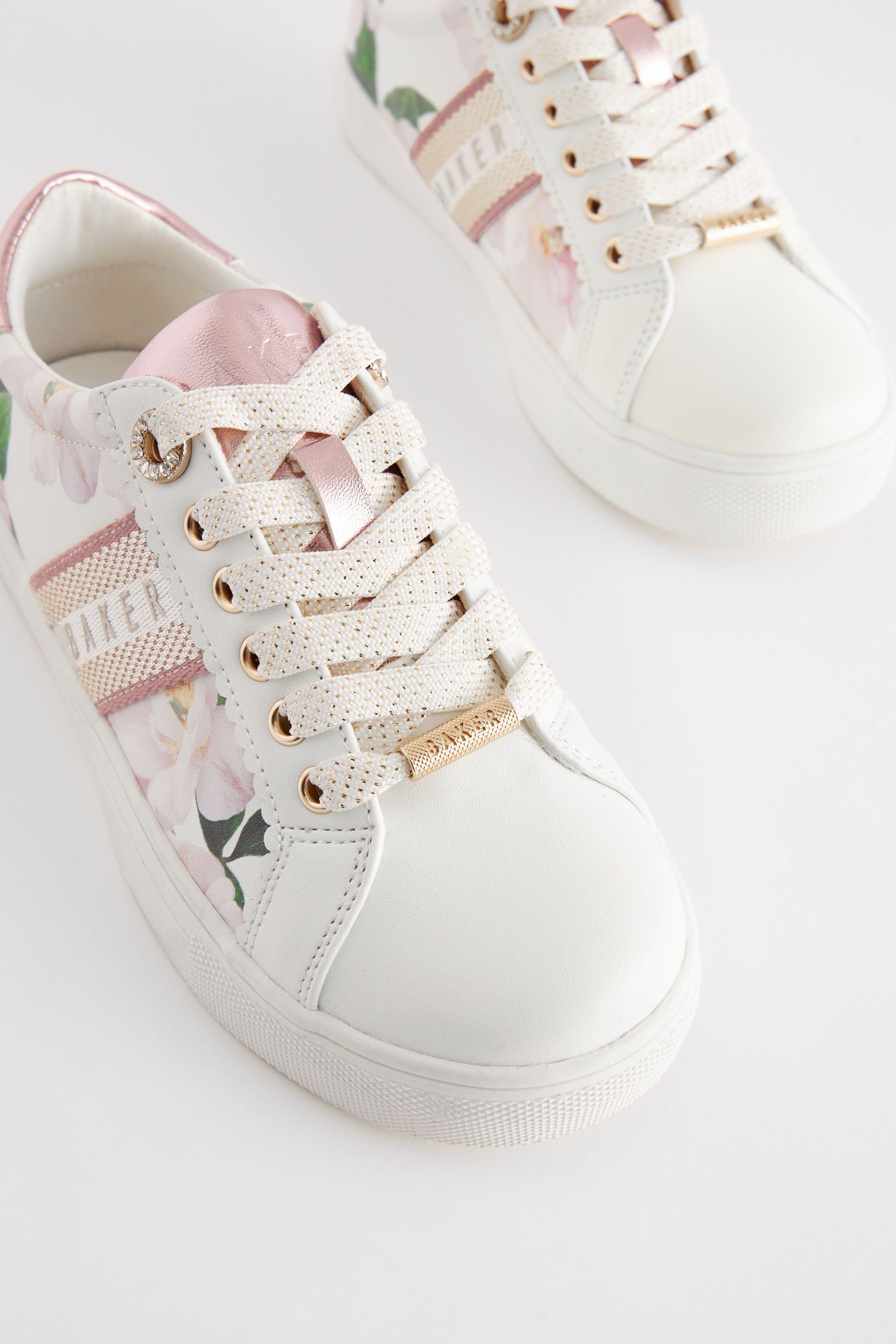 White Baker by Ted Baker Girls Floral Lace Up White Trainers