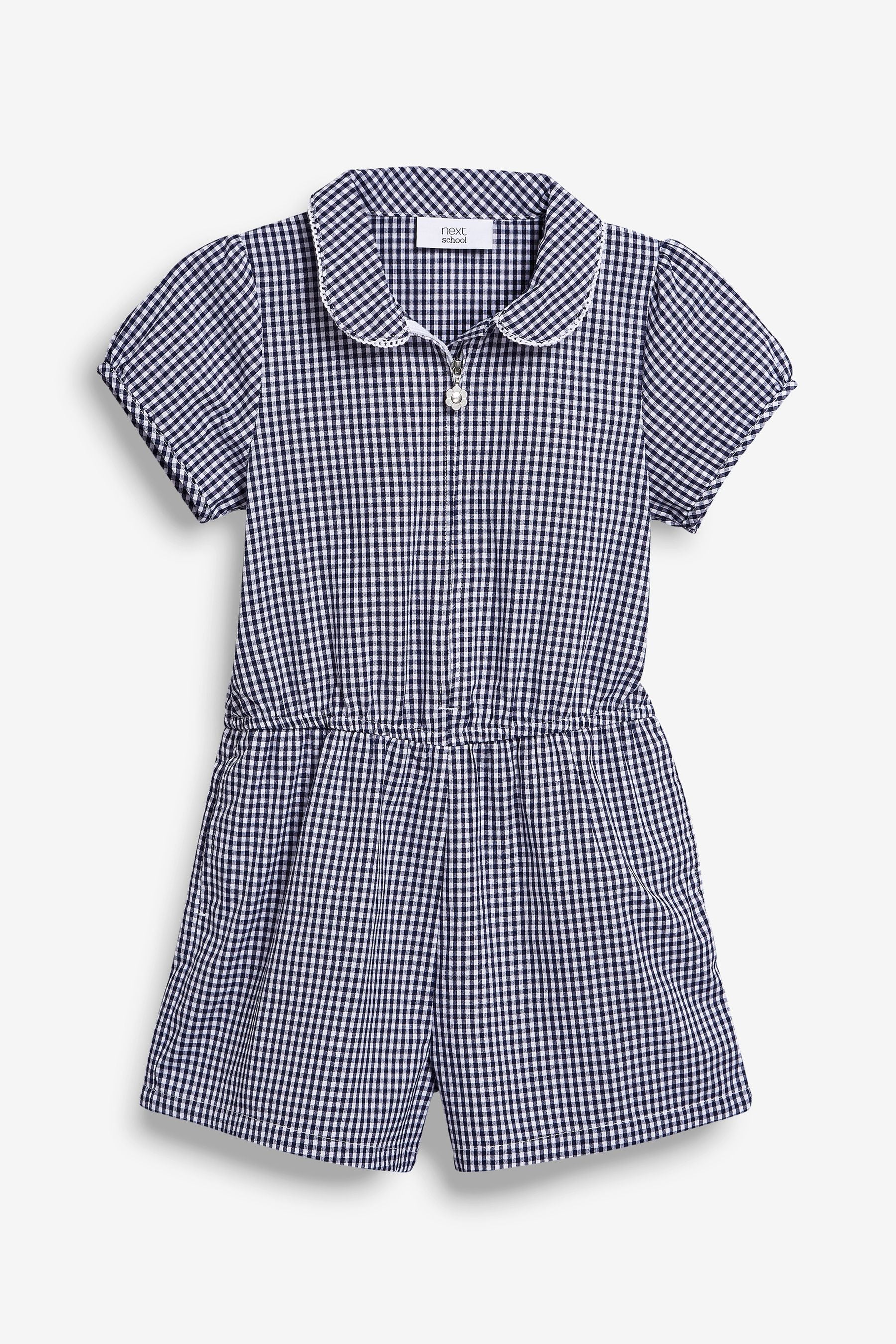 Navy Zip Front Cotton Rich Gingham School Playsuit (3-14yrs)