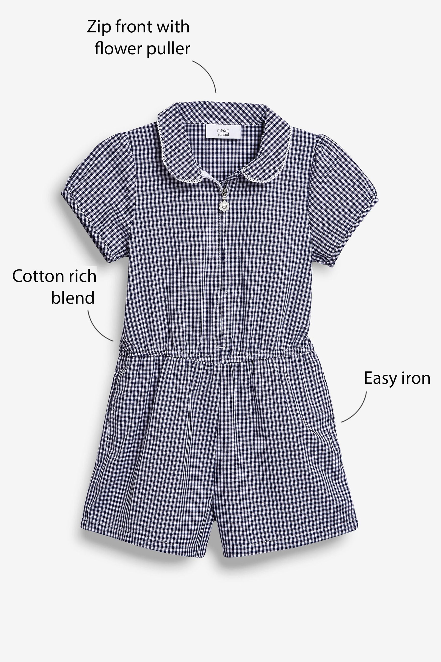 Navy Zip Front Cotton Rich Gingham School Playsuit (3-14yrs)