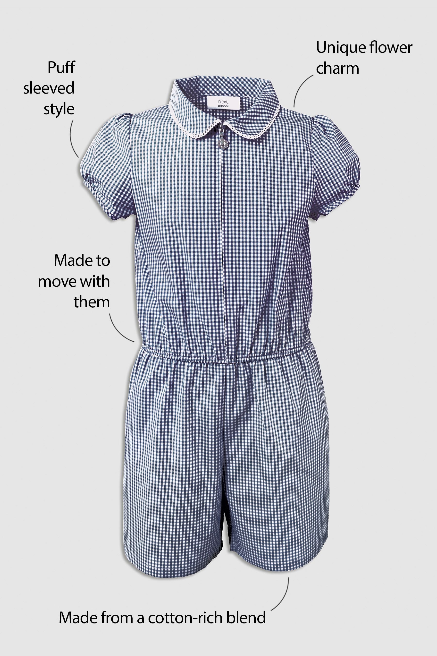 Navy Zip Front Cotton Rich Gingham School Playsuit (3-14yrs)