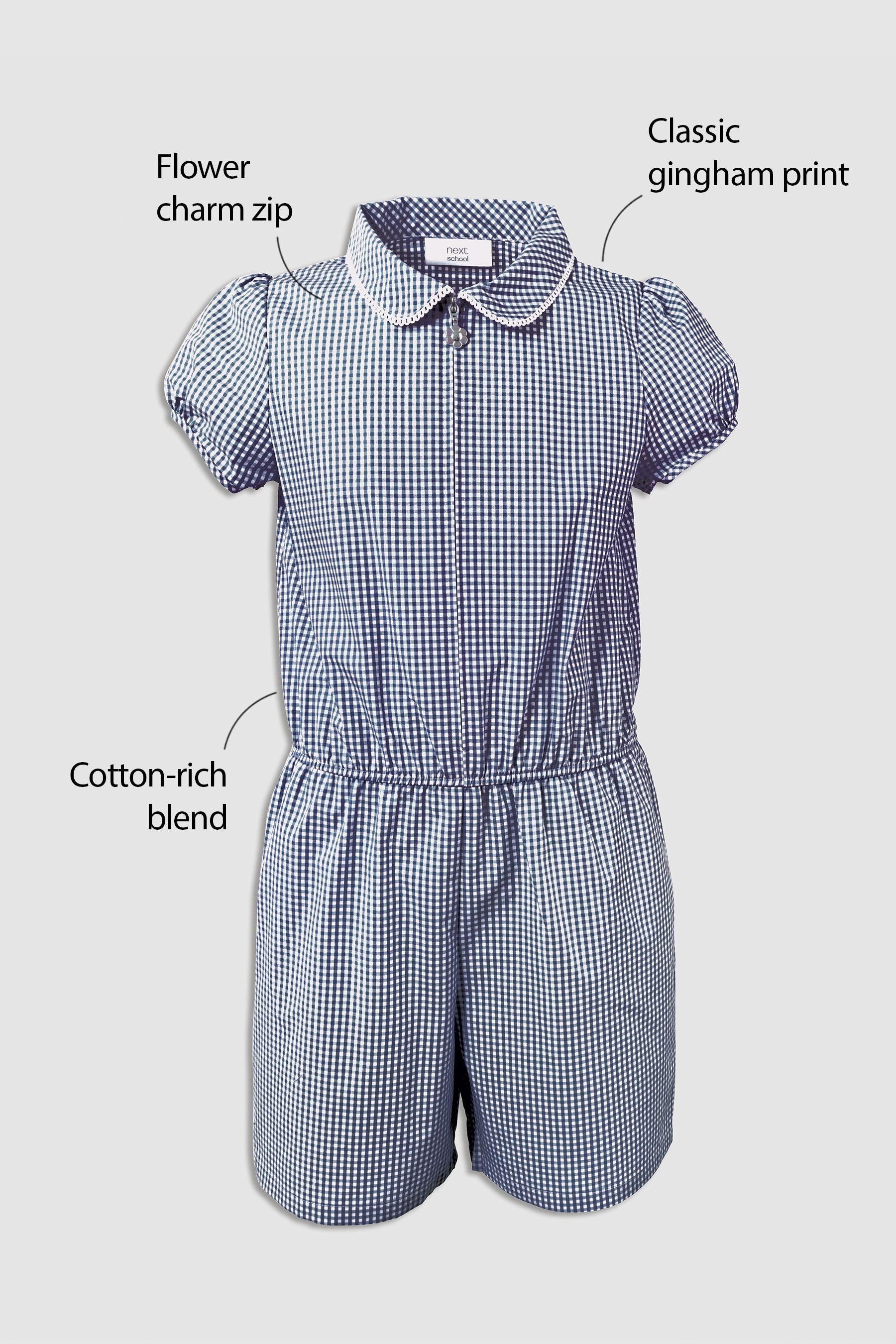 Navy Zip Front Cotton Rich Gingham School Playsuit (3-14yrs)