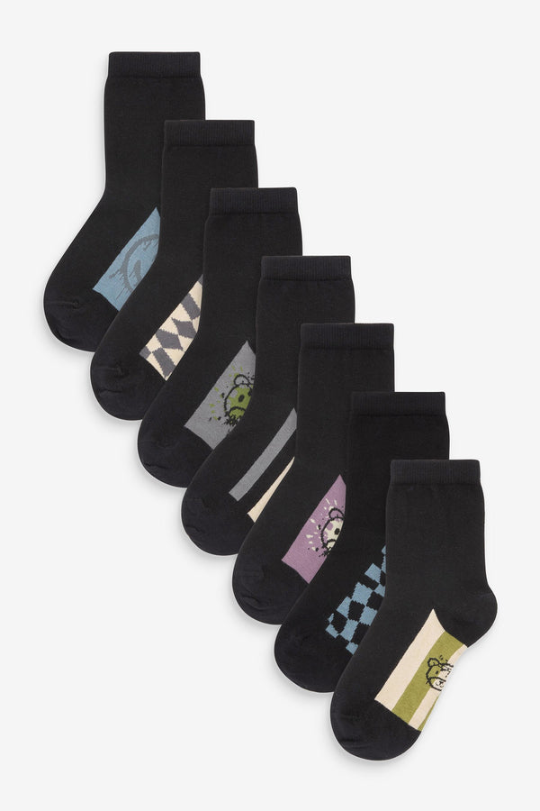 Black Checkerboard Stripe 7 Pack Cotton Rich Socks