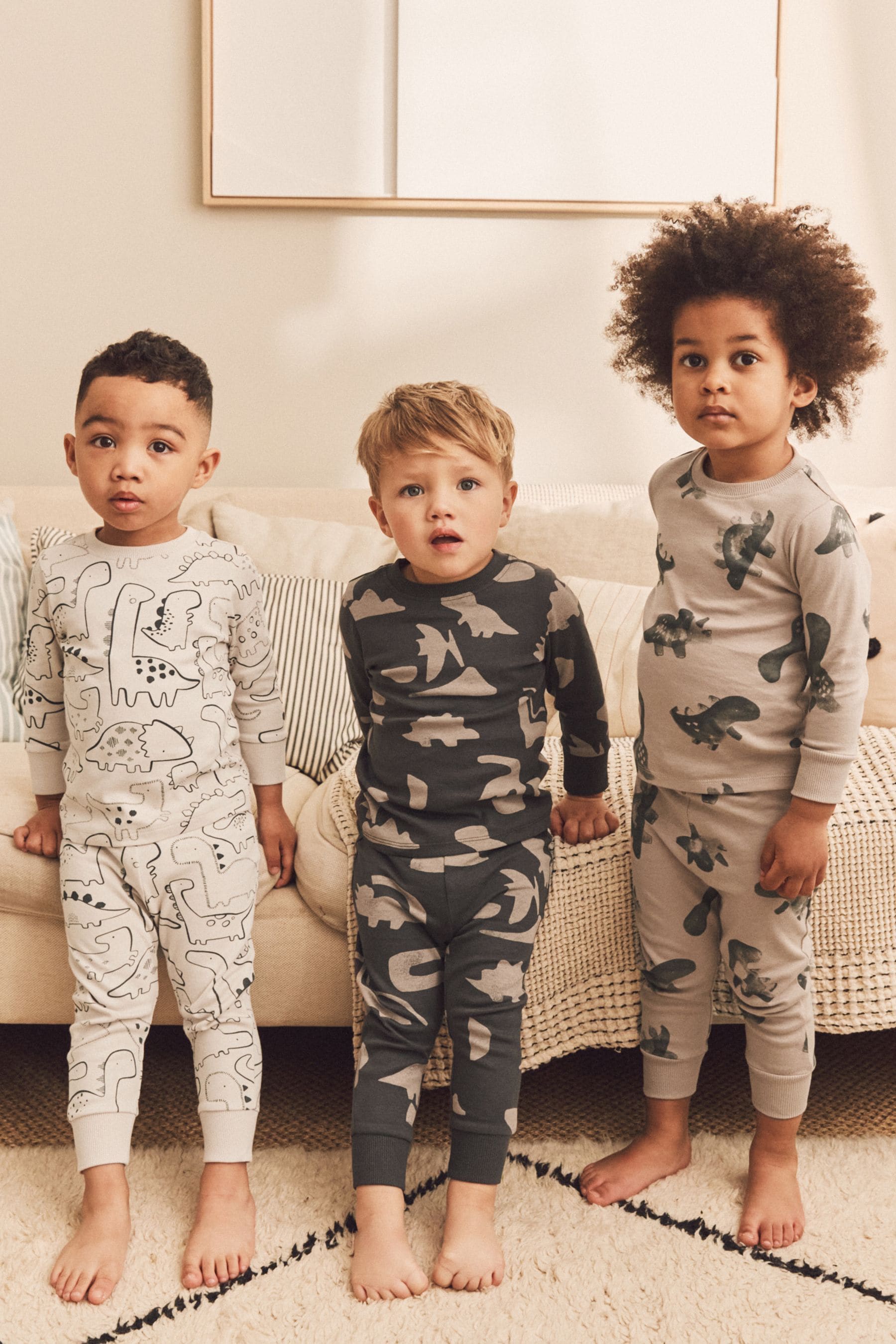 Neutral/Black Dinosaur 3 Pack Snuggle 100% Cotton Pyjamas (9mths-10yrs)