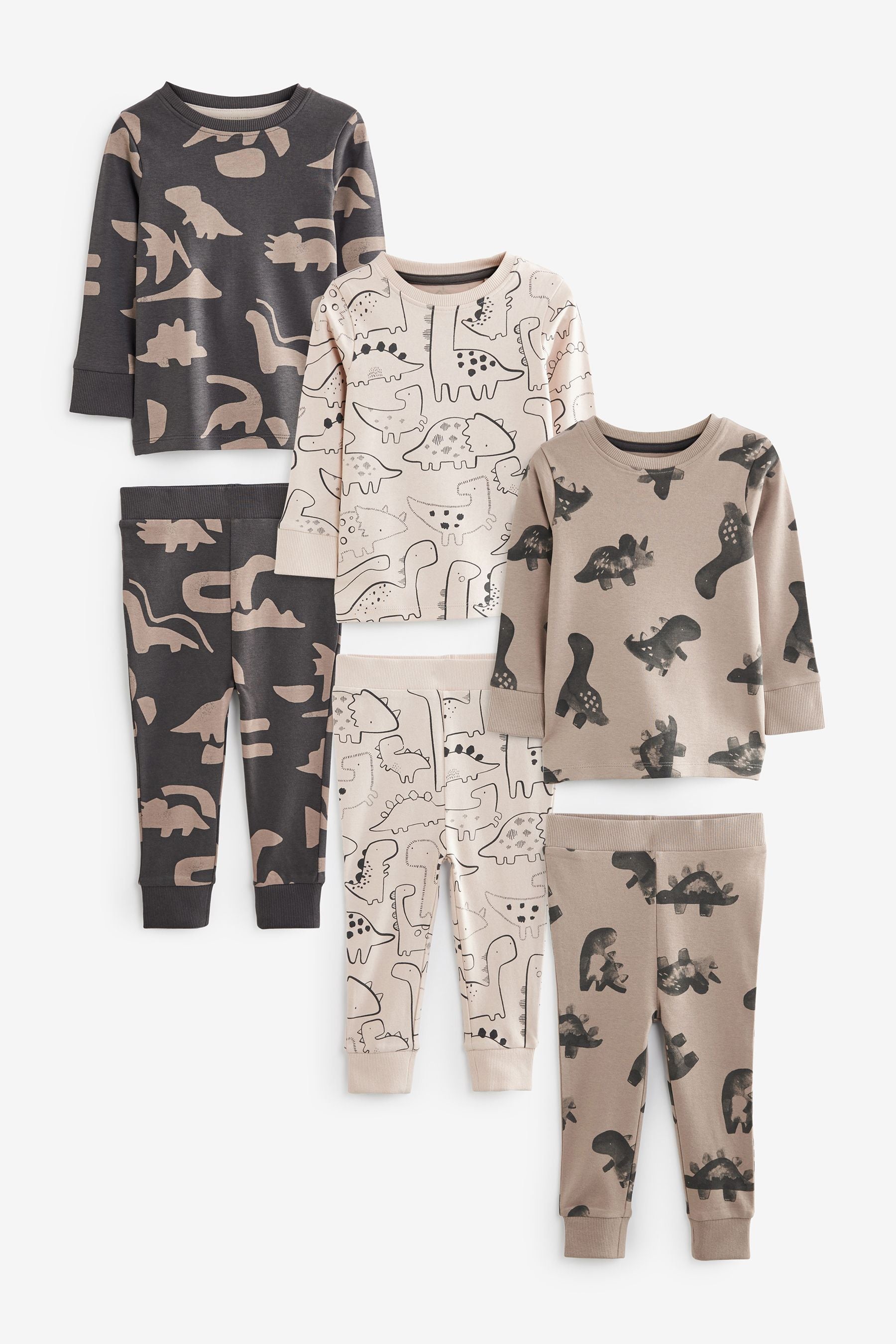 Neutral/Black Dinosaur 3 Pack Snuggle 100% Cotton Pyjamas (9mths-10yrs)