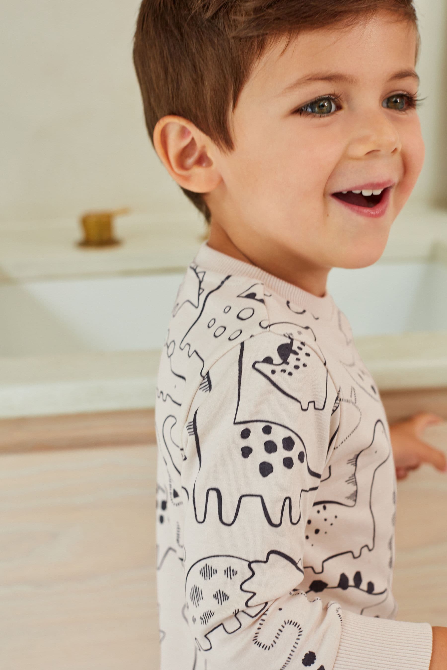 Neutral/Black Dinosaur 3 Pack Snuggle 100% Cotton Pyjamas (9mths-10yrs)