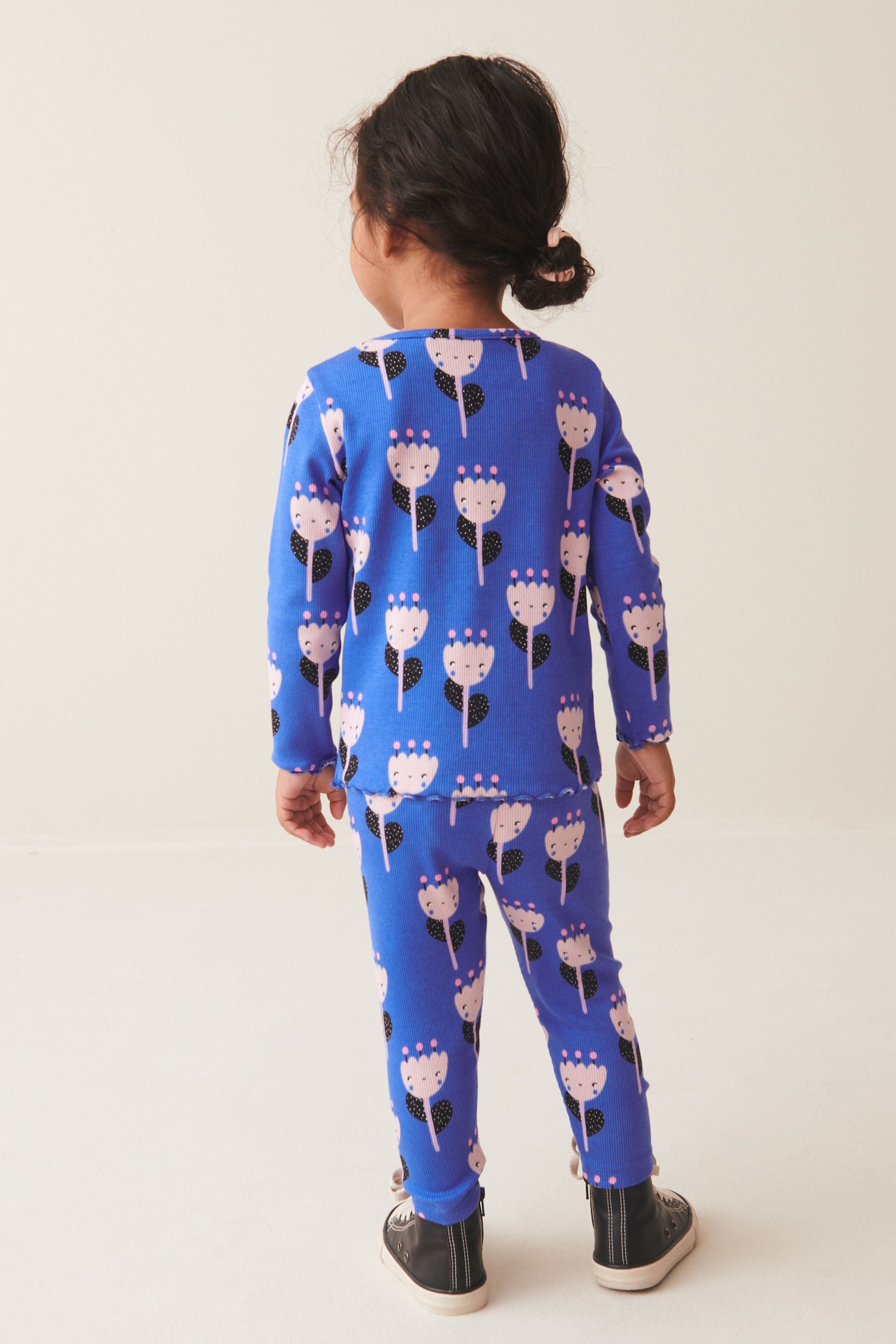 Blue Pink Flower Rib Jersey Leggings (3mths-7yrs)