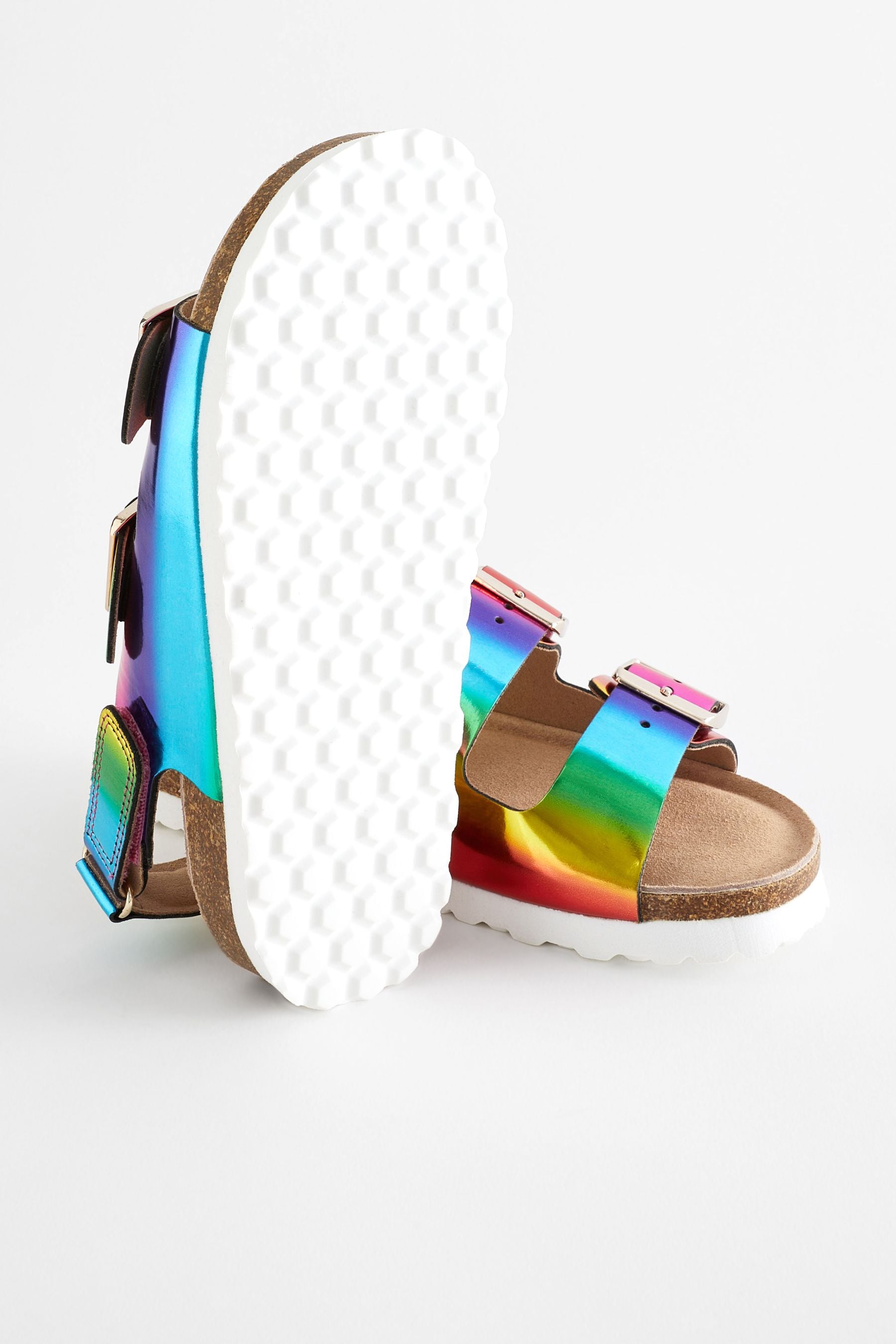 Multicolour Rainbow Leather Standard Fit (F) Two Strap Corkbed Sandals