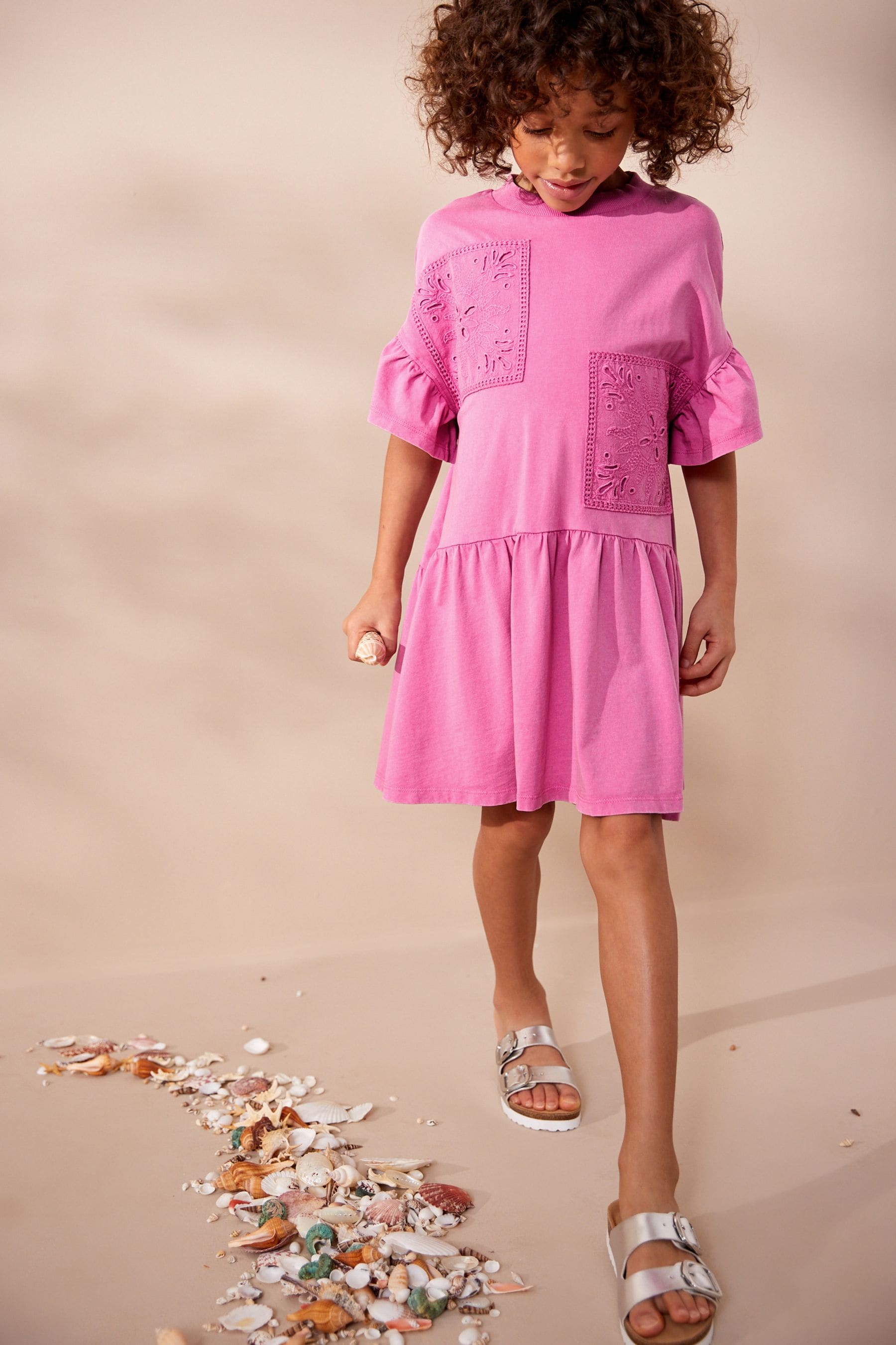 Pink Crochet Embellished Short Sleeve Jersey Dress (3-16yrs)