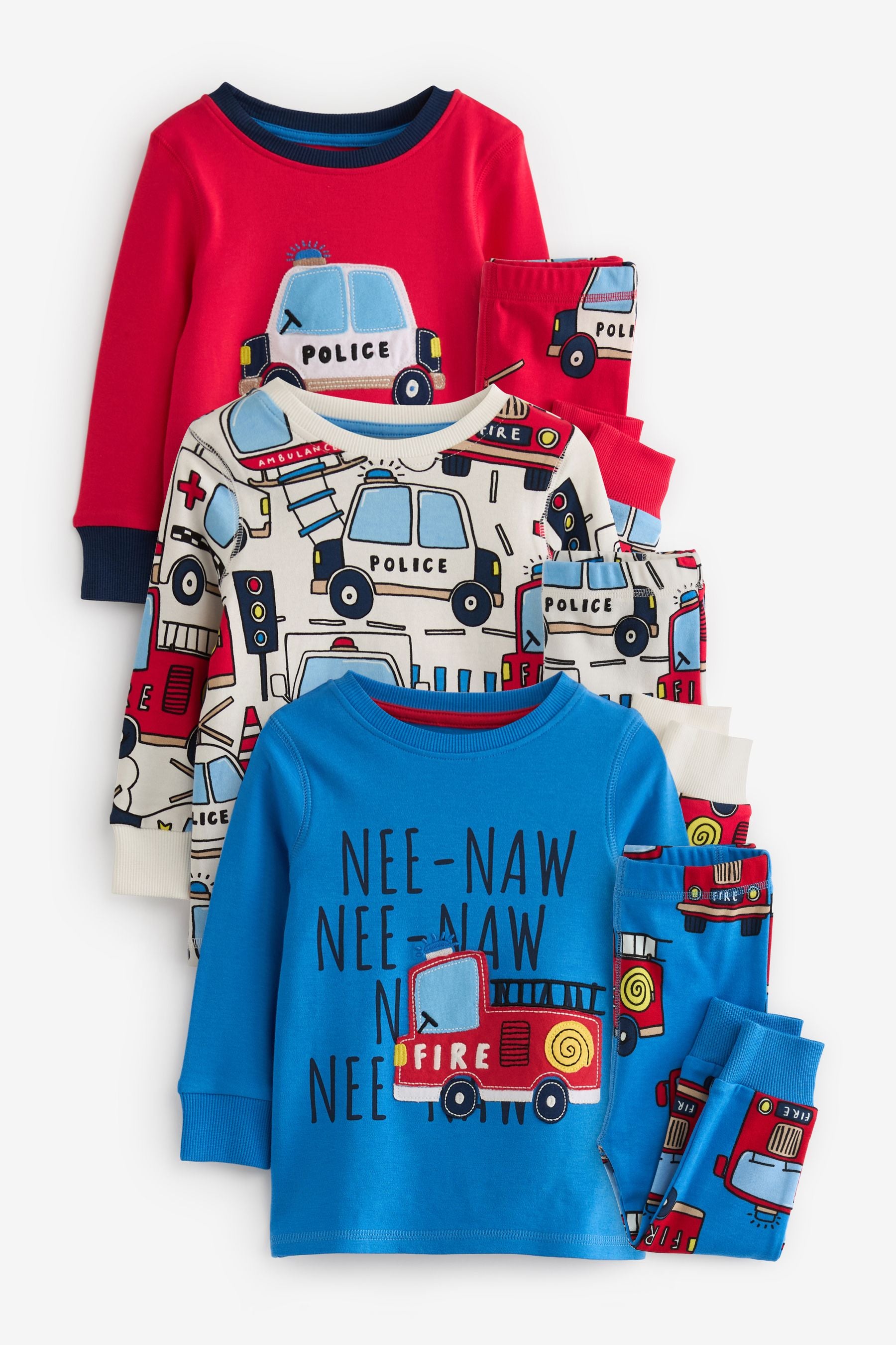 Red/Blue Emergency Vehicles 3 Pack Long Sleeve Pyjamas Set (9mths-8yrs)