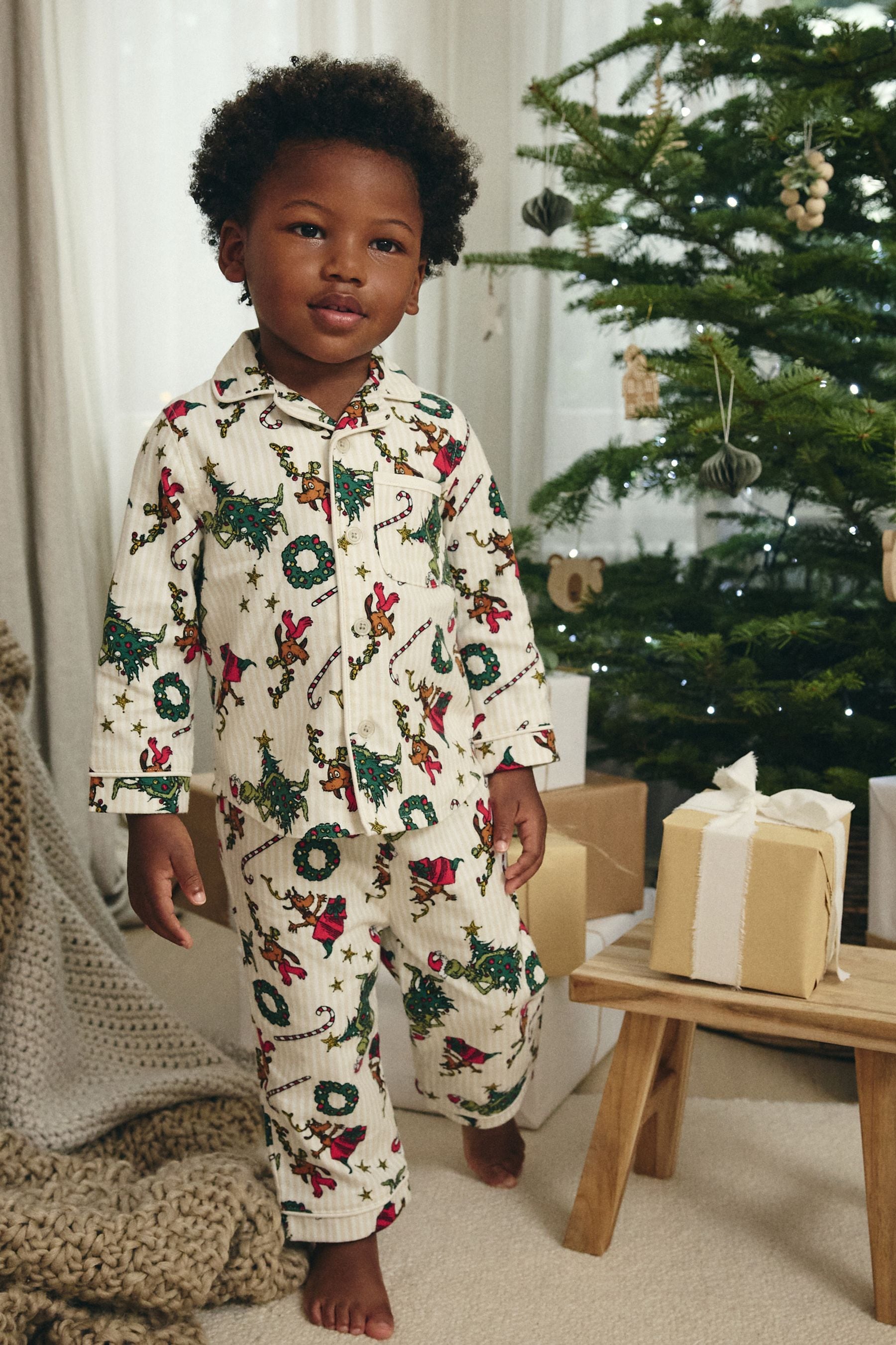 Green/Ecru Cream Grinch Single Button Through 100% Cotton Pyjamas (9mths-12yrs)