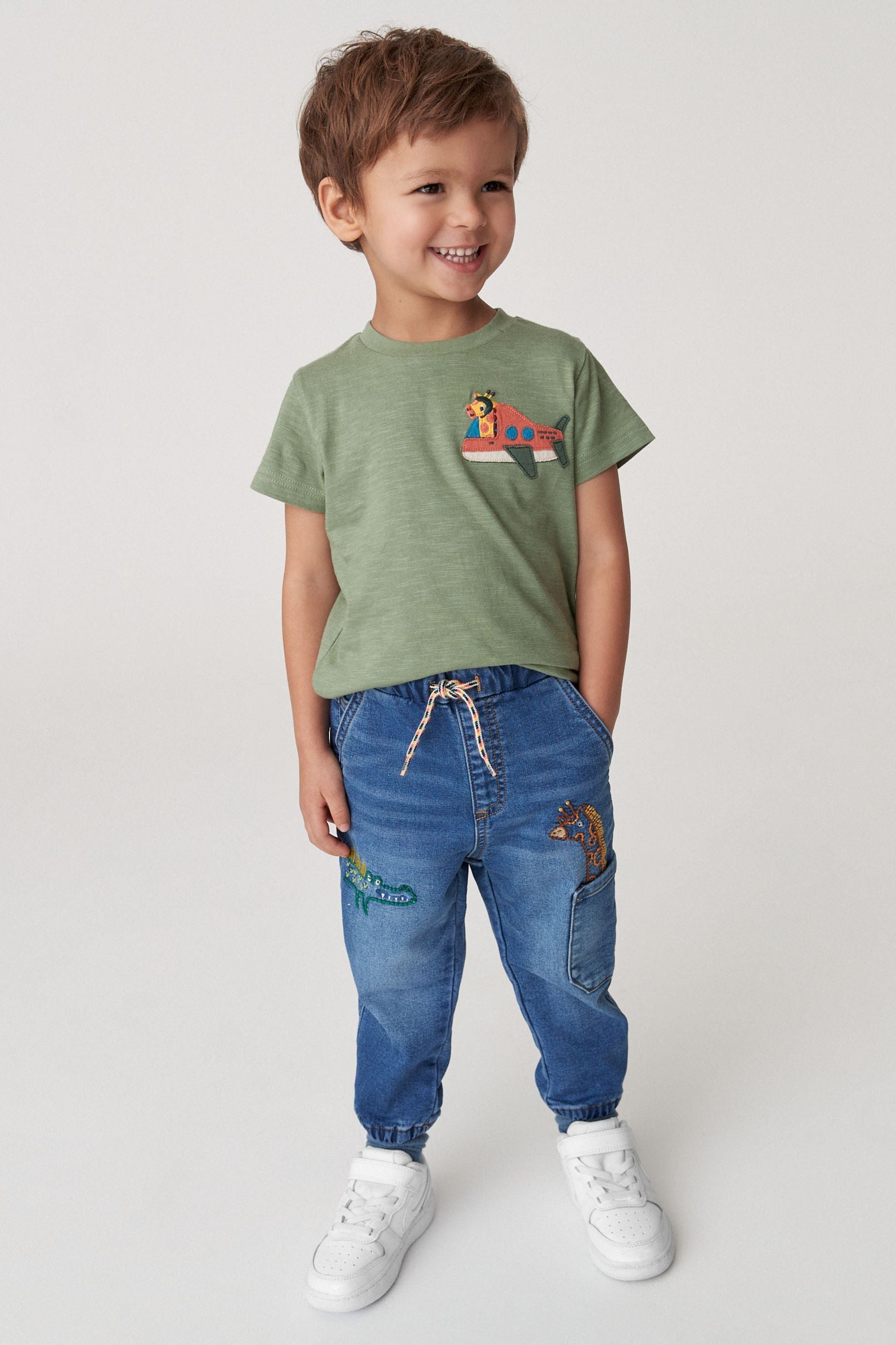 Mid Blue Denim Embroidered Character Jeans With Cuff (3mths-7yrs)