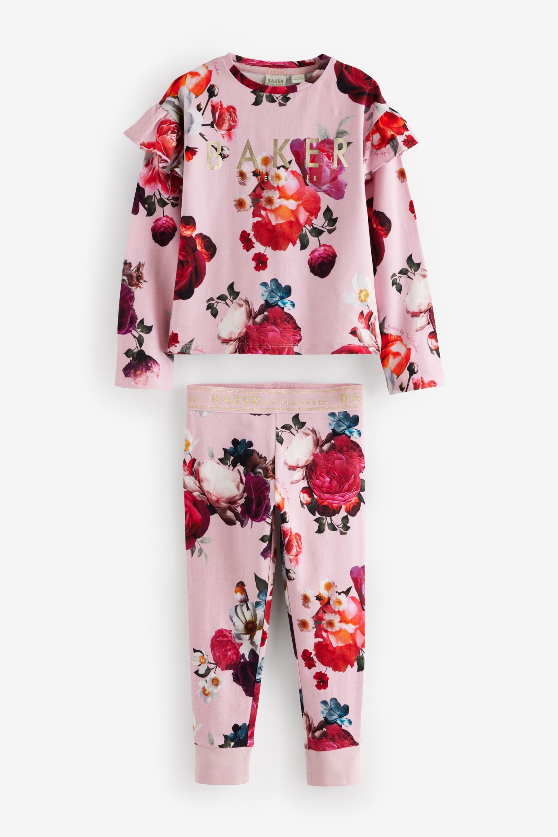 Baker by Ted Baker Pink Floral Frill Shoulder Detail Pyjama Set