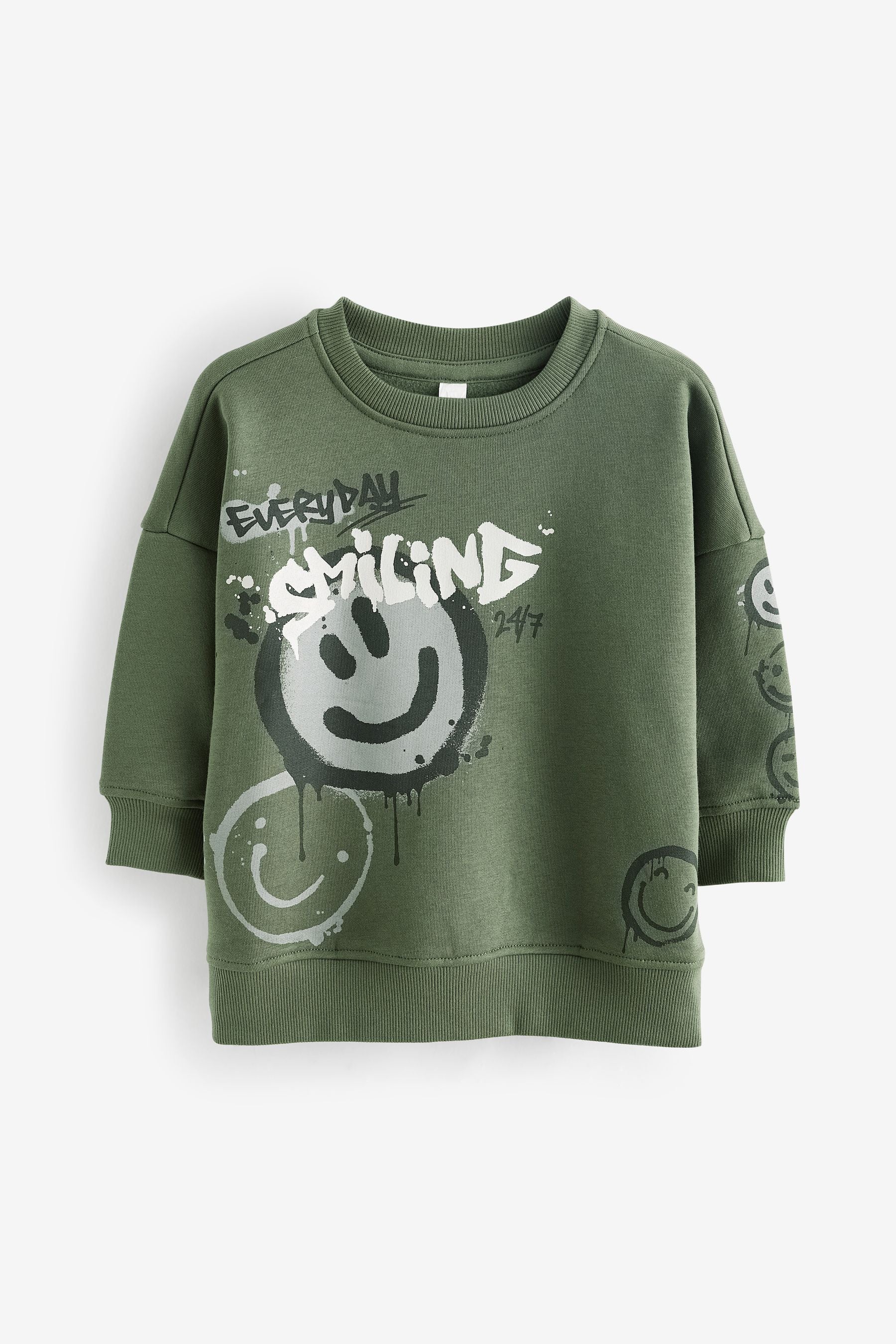 Khaki Green Graffiti Character Crew Neck Sweatshirt (3mths-7yrs)