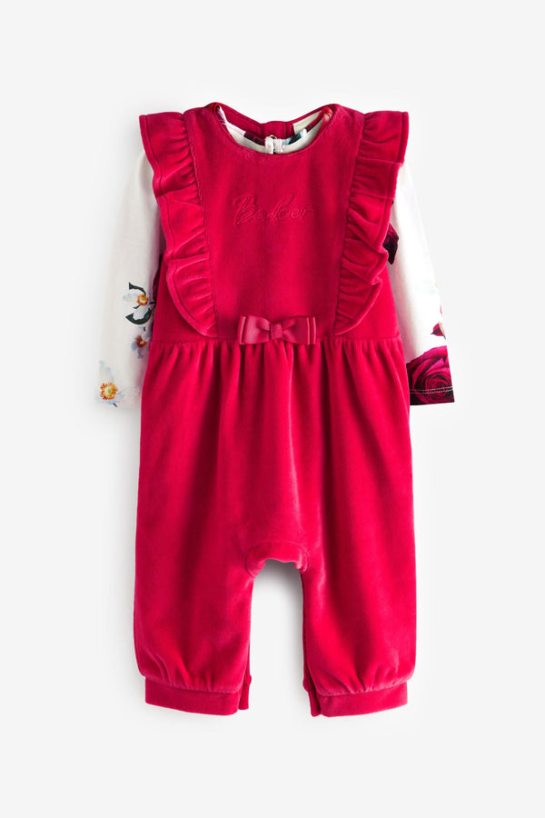 Red Baker by Ted Baker Red Floral Frill Dungaree Set