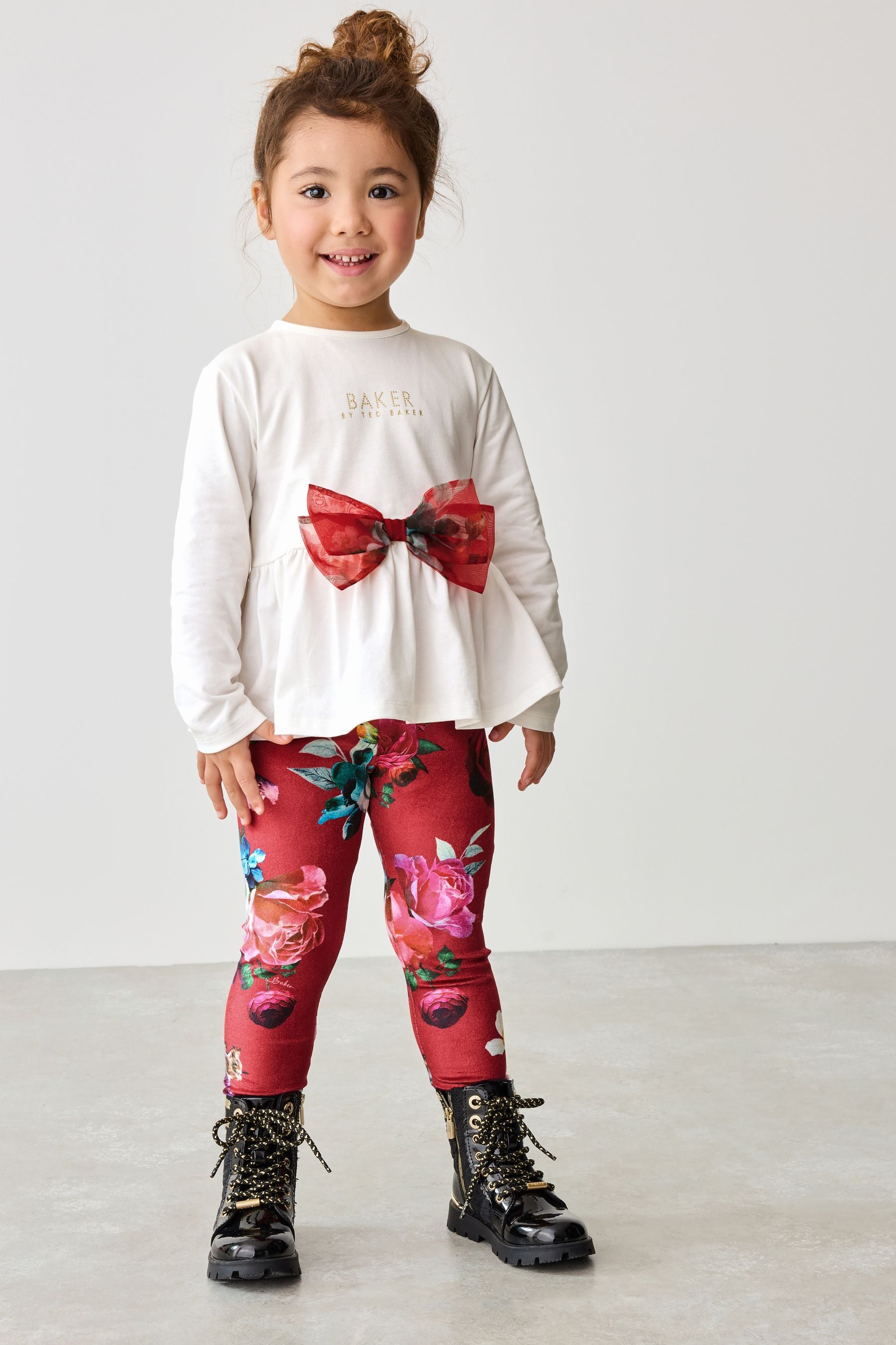 Baker by Ted Baker Red 100% Cotton Bow Peplum Top and Floral Leggings Set