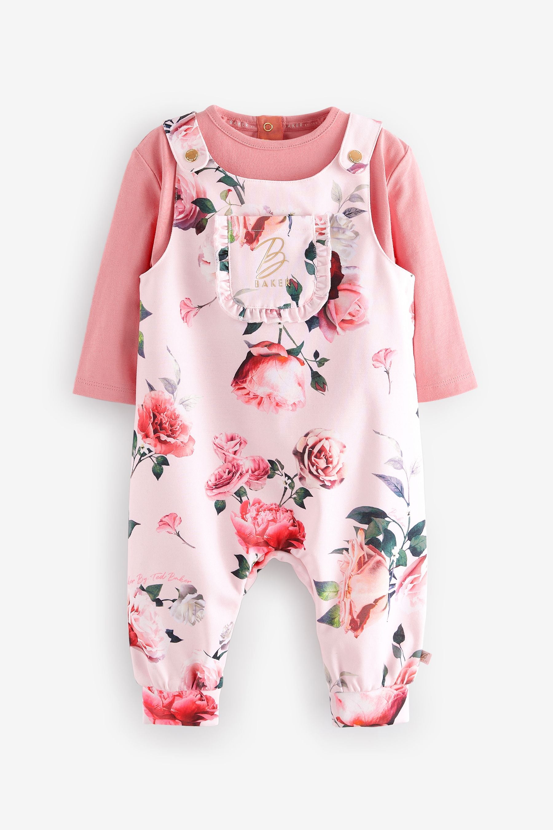 Baker by Ted Baker Pink Floral T-Shirt and Dungaree Set 2 Piece