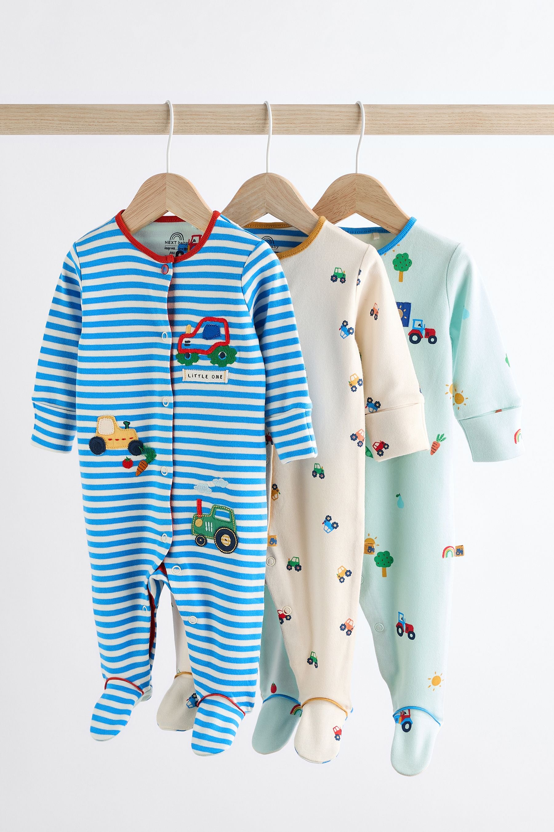 Bright Transport 3 Pack Baby Sleepsuits (0mths-3yrs)