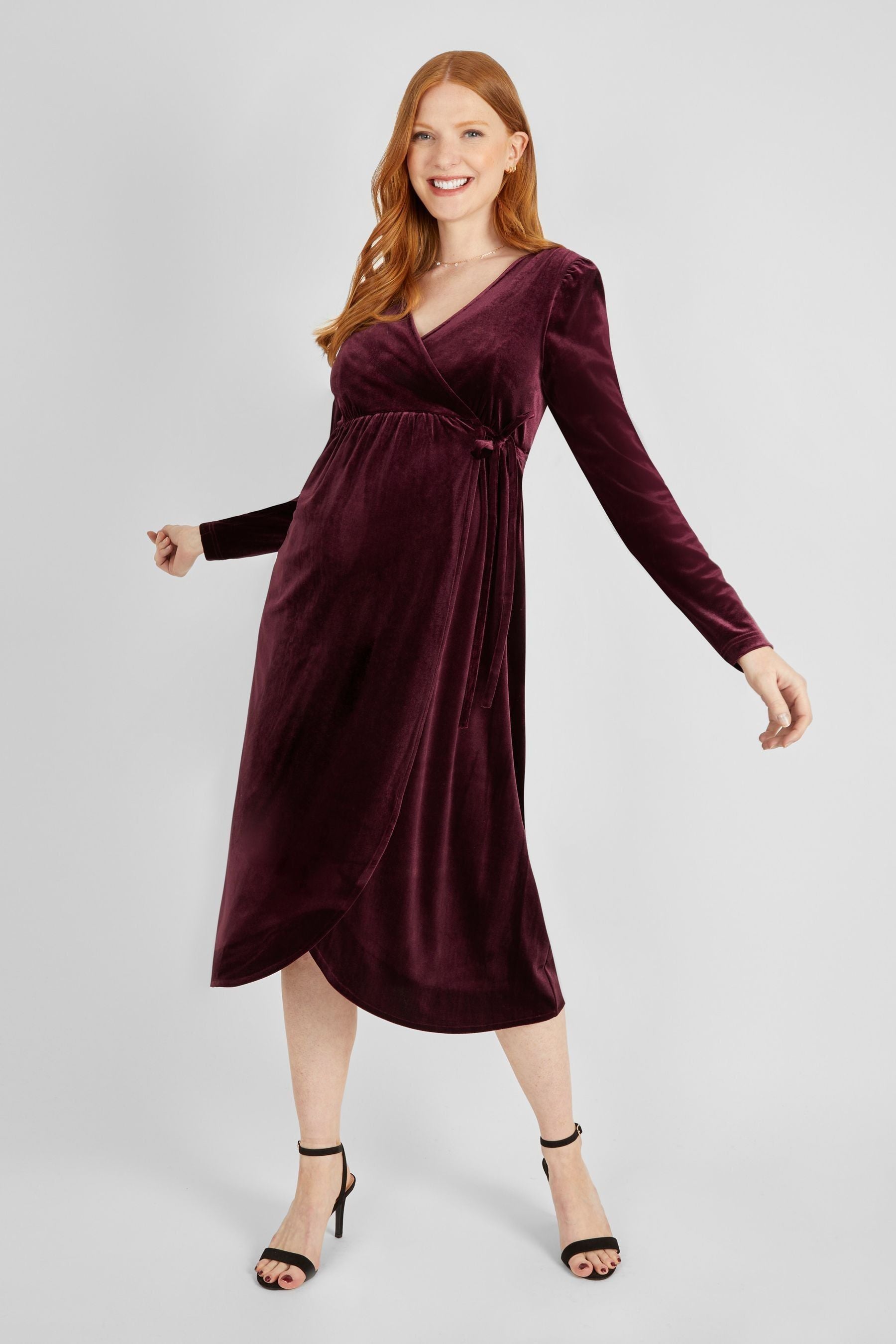 Burgundy Red JoJo Maman Bébé Velvet Maternity & Nursing Wrap Dress