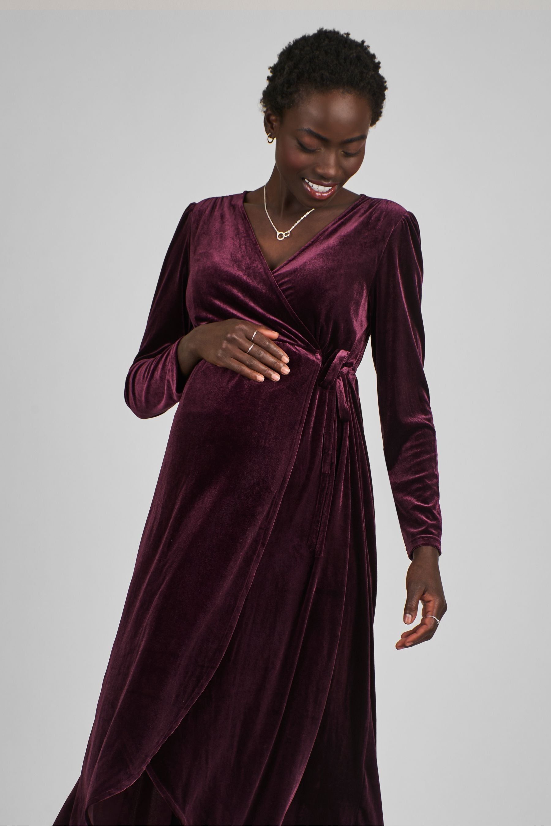 JoJo Maman Bébé Wine Red Velvet V-Neck Maternity & Nursing Wrap Dress