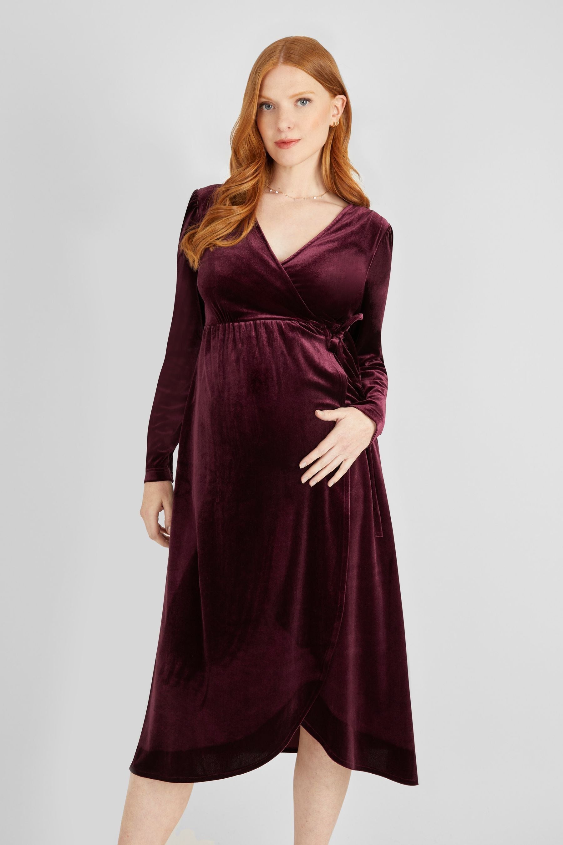 Burgundy Red JoJo Maman Bébé Velvet Maternity & Nursing Wrap Dress