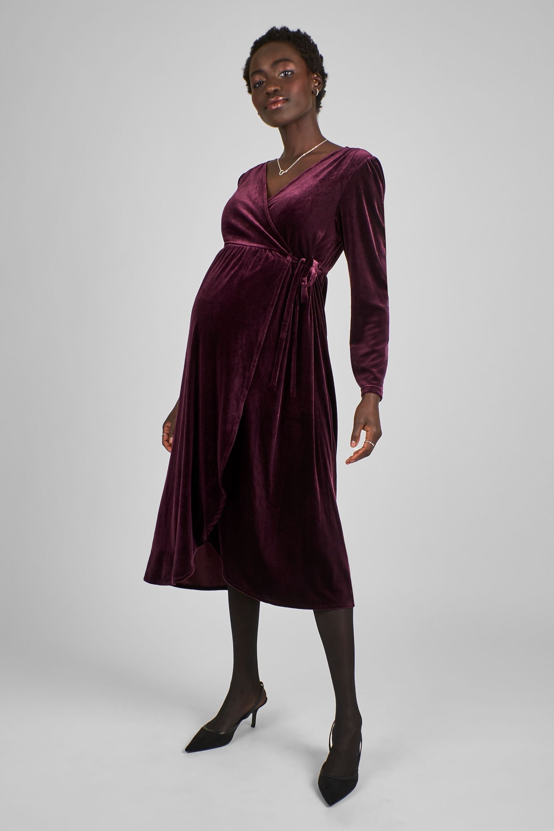 JoJo Maman Bébé Wine Red Velvet V-Neck Maternity & Nursing Wrap Dress