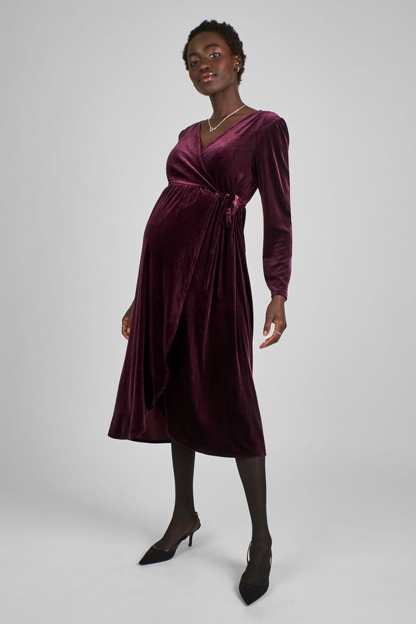 JoJo Maman B?©b?© Wine Red Velvet V-Neck Maternity & Nursing Wrap Dress