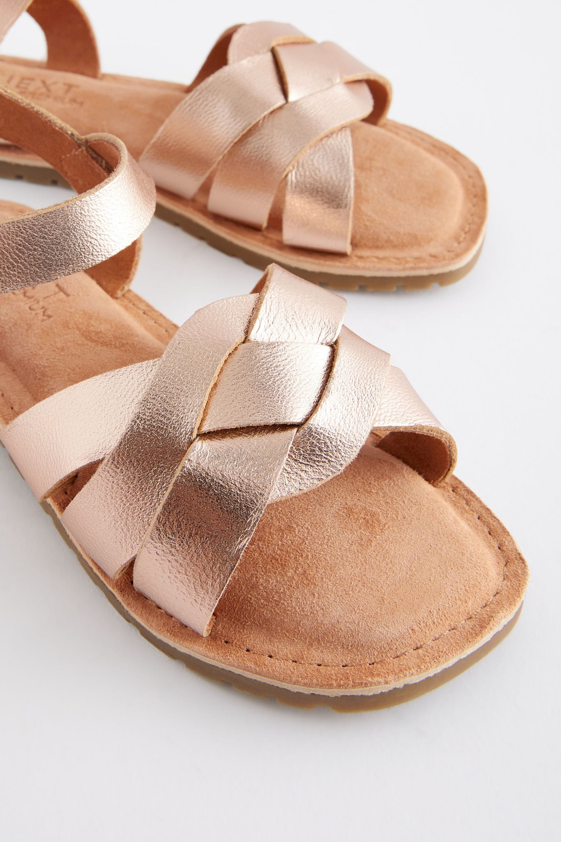 Rose Gold Standard Fit (F) Leather Woven Sandals