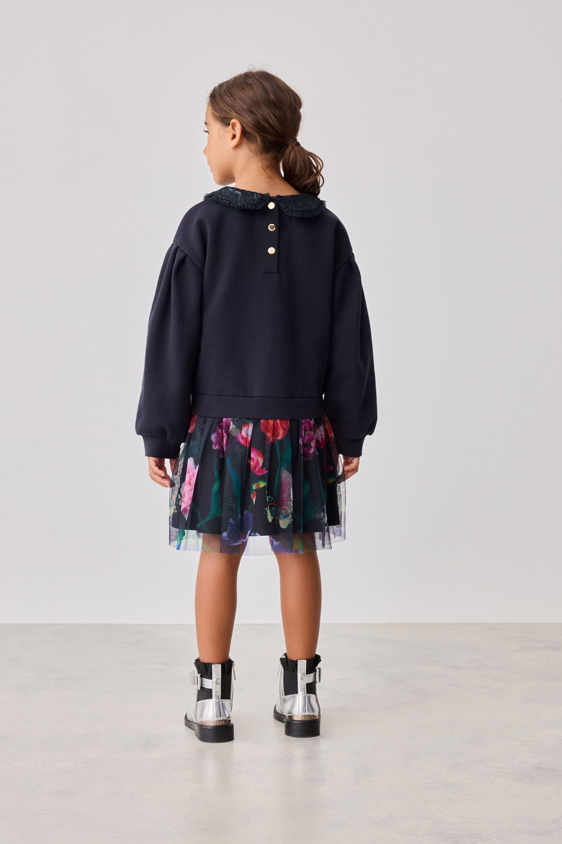 Baker by Ted Baker Navy Sequin Collar Ruffle Floral Sweat Dress