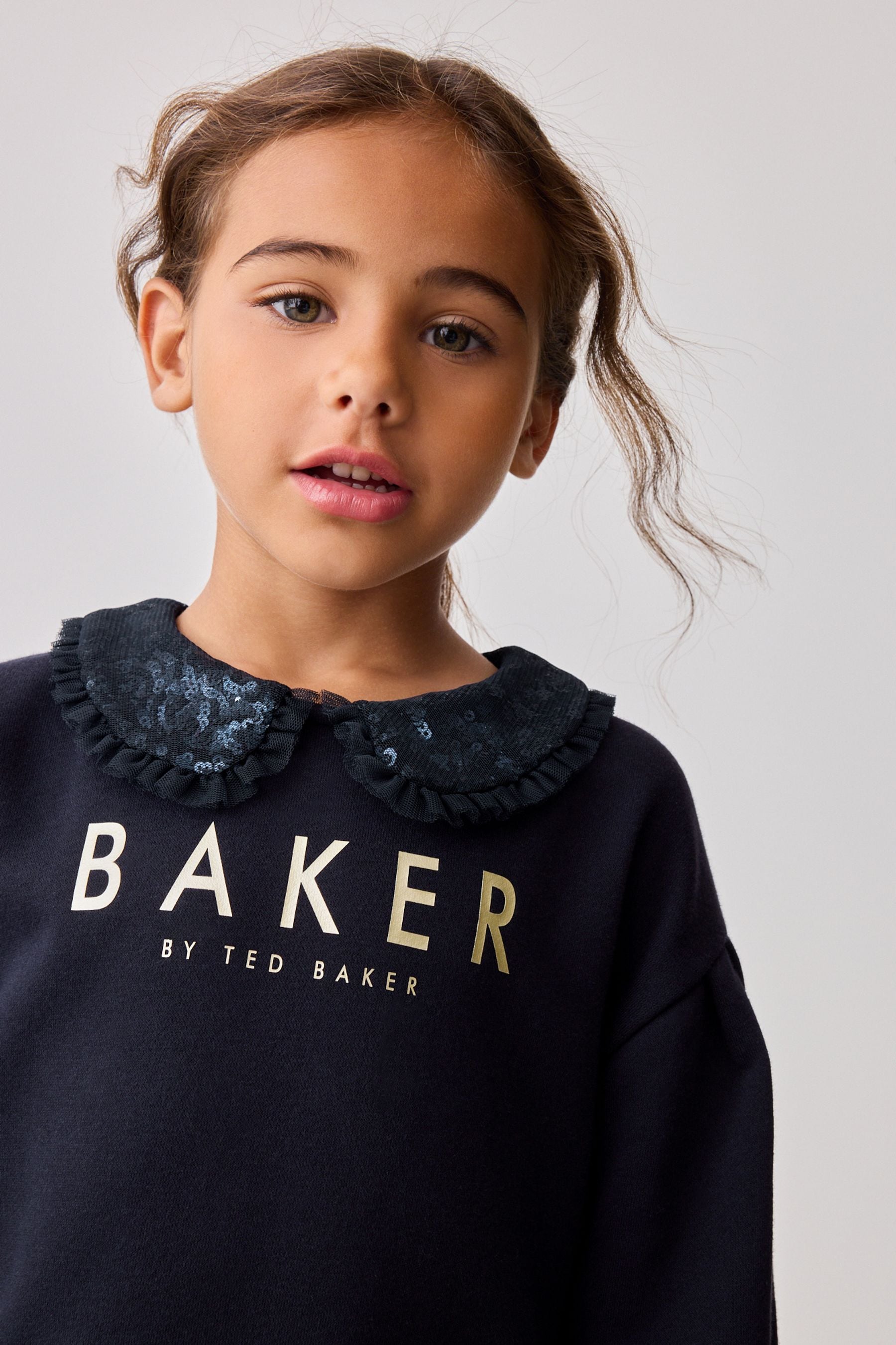 Baker by Ted Baker Navy Sequin Collar Ruffle Floral Sweat Dress