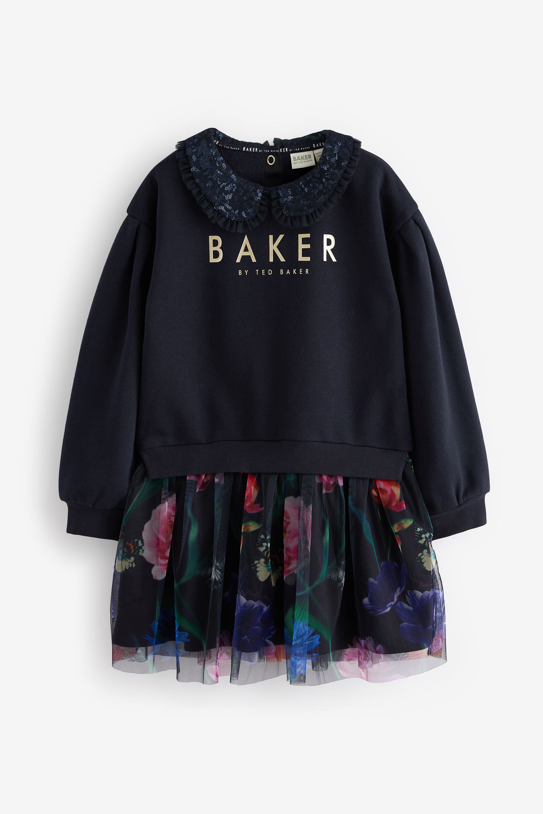 Baker by Ted Baker Navy Sequin Collar Ruffle Floral Sweat Dress