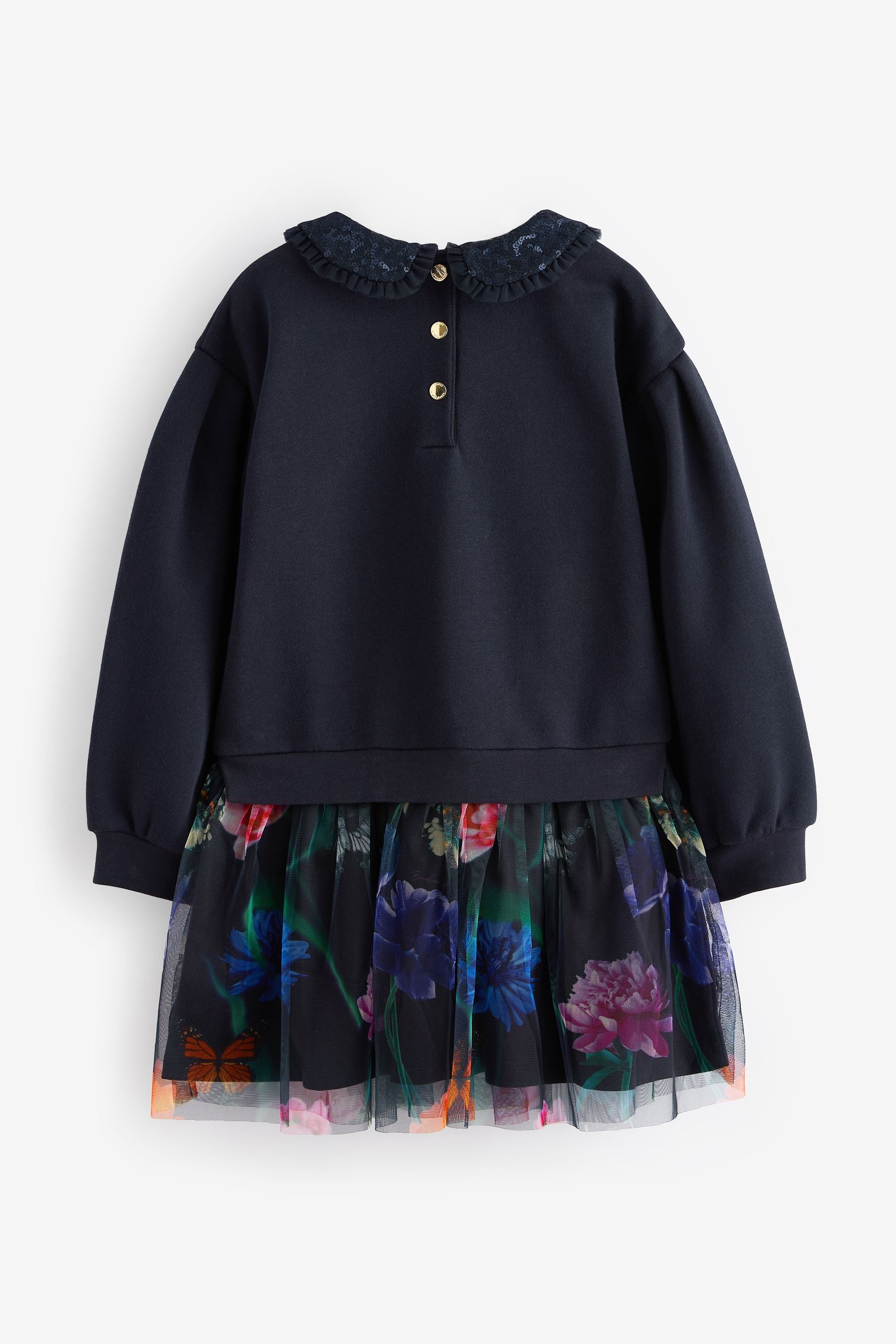 Baker by Ted Baker Navy Sequin Collar Ruffle Floral Sweat Dress