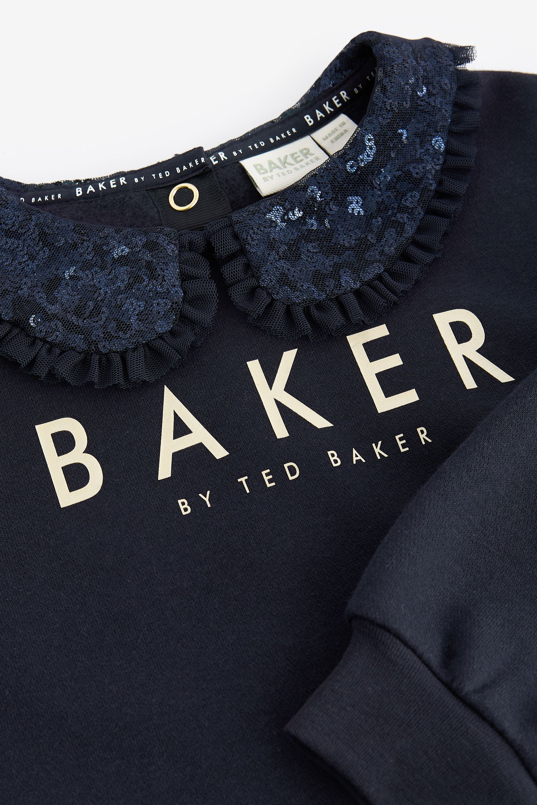 Baker by Ted Baker Navy Sequin Collar Ruffle Floral Sweat Dress