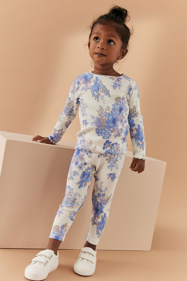 Blue Floral Cotton Rich Long Sleeve Rib T-Shirt (3mths-7yrs)