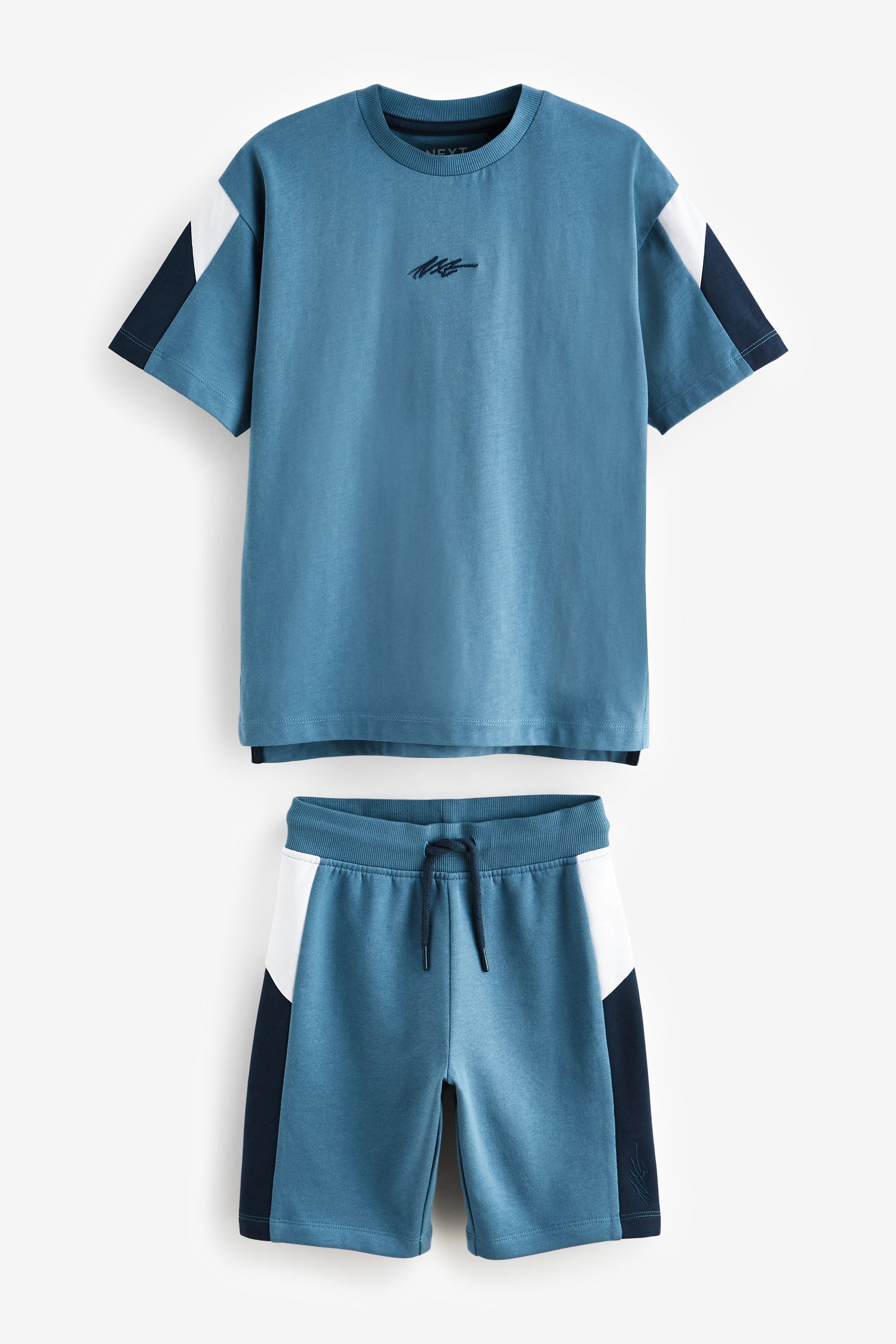 Blue 100% Cotton Colourblock Shorts and T-Shirt Set (3-16yrs)