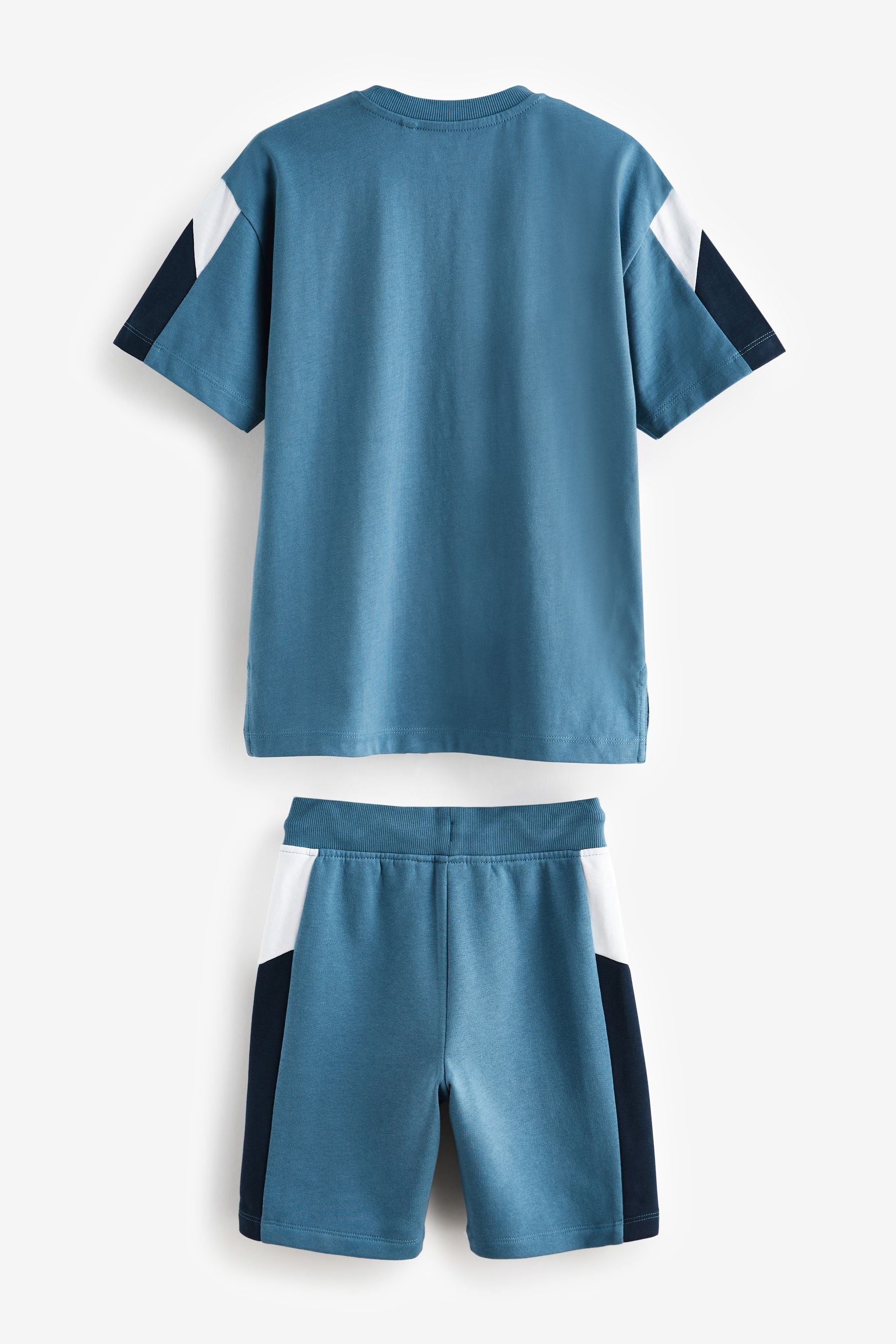 Blue 100% Cotton Colourblock Shorts and T-Shirt Set (3-16yrs)